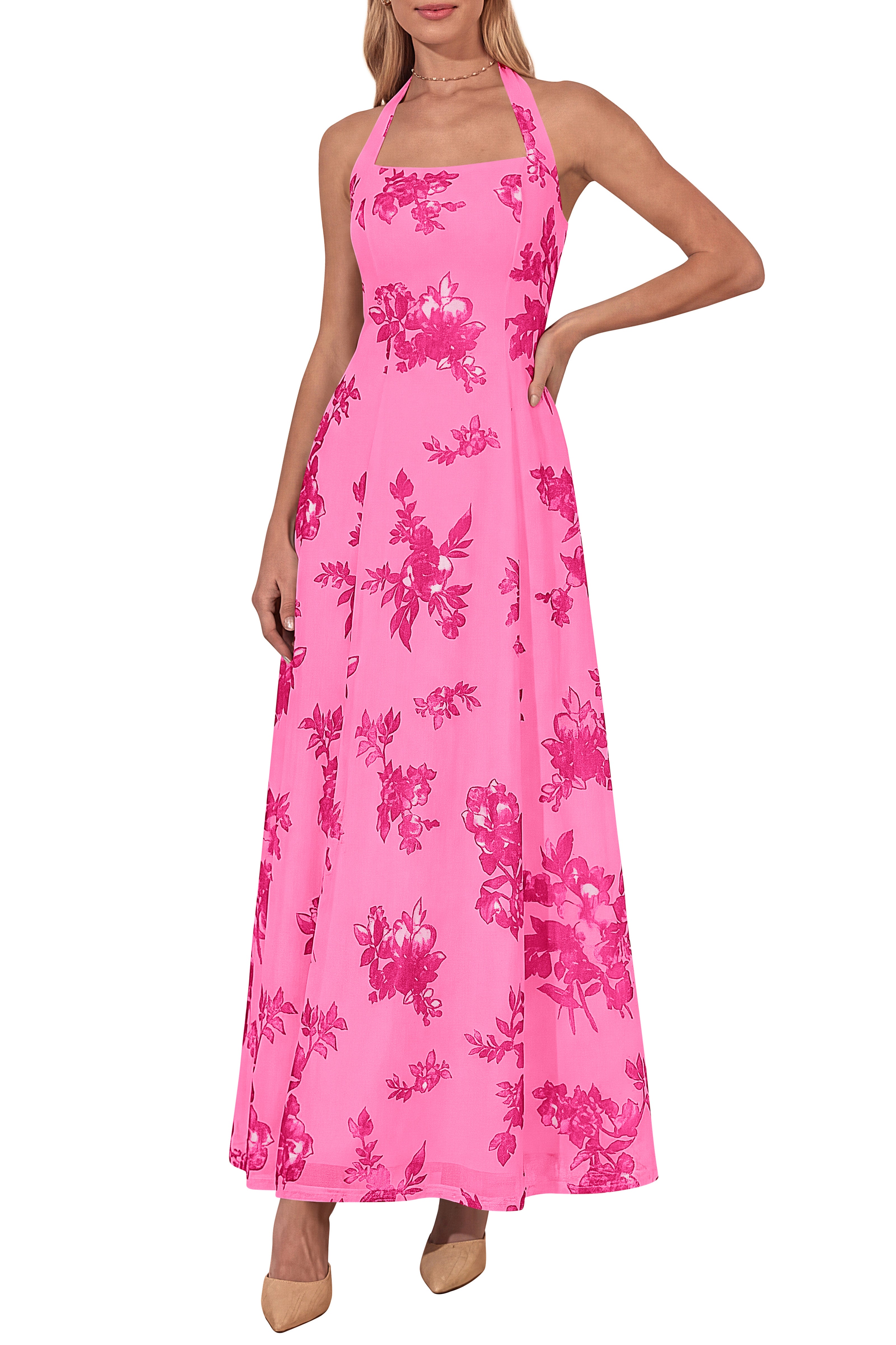 KIRUNDO Women Halter Floral Maxi Dress 2026 Summer Wedding Guest Cocktail Party Sleeveless A Line Beach Vacation Sundress