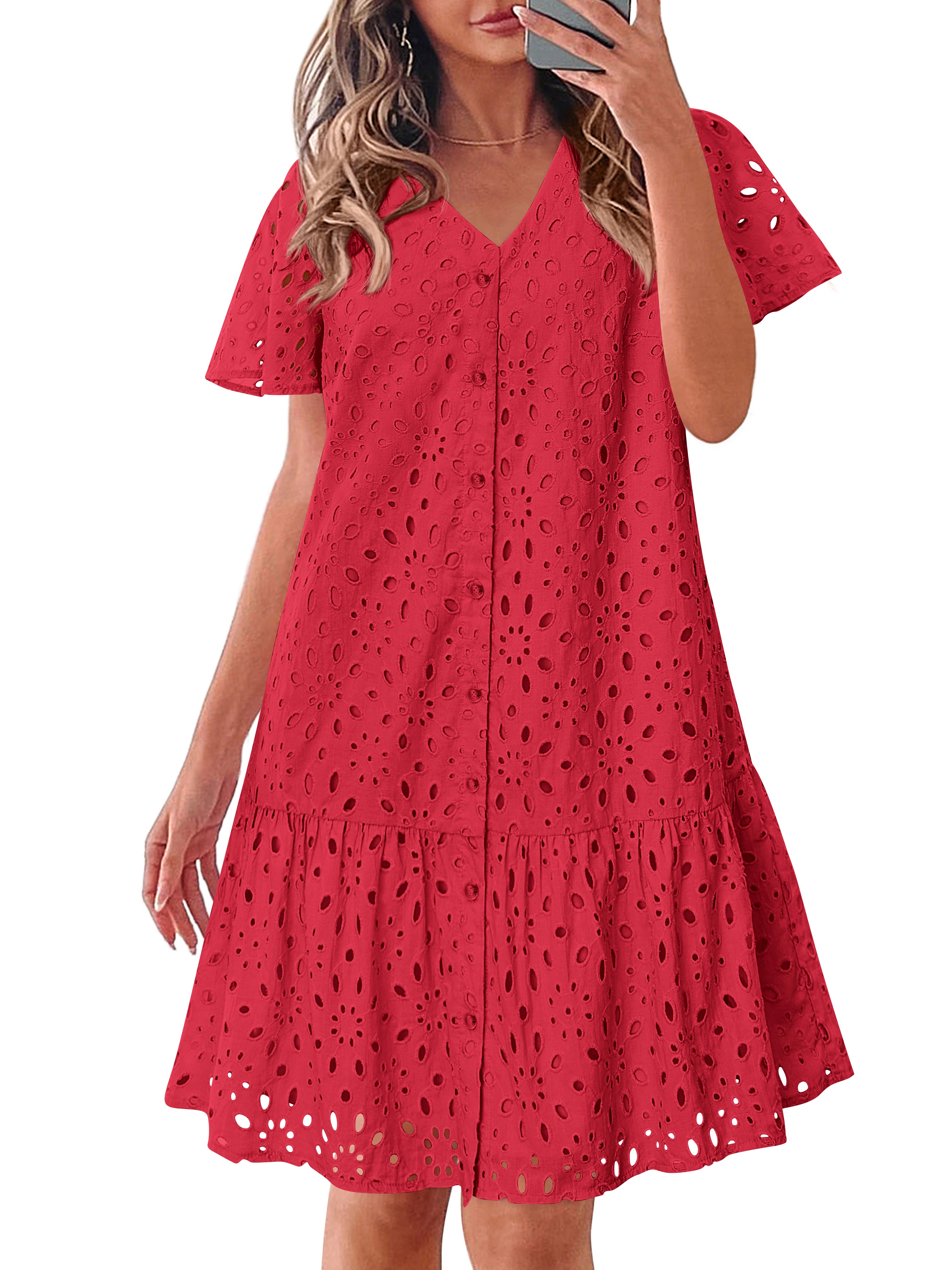 KIRUNDO Eyelet Dresses for Women 2026 Spring Summer Short Sleeve Button Down Loose Mini Babydoll Dress Beach Vacation Clothes