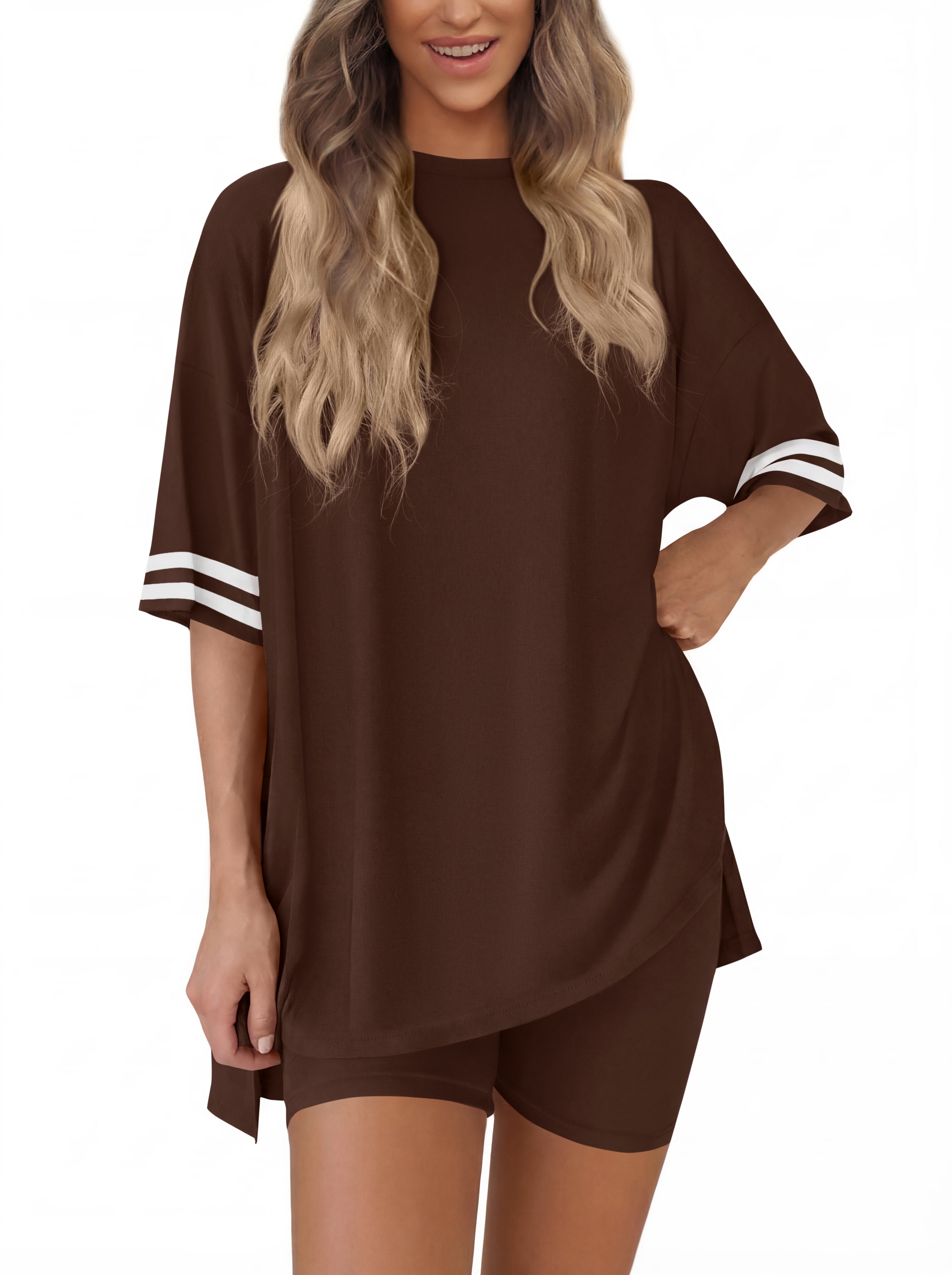 KIRUNDO Women's 2 Piece Lounge Set Airport Travel Outfit 2026 Summer Oversized Shirts Matching Biker Shorts Fashion Clothing