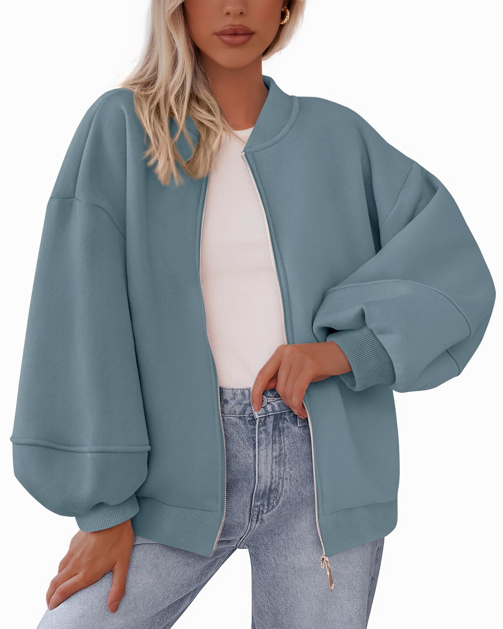 KIRUNDO Oversized Sweatshirt for Women Fall Fashion 2025 Zip Up Bomber Jacket Casual Long Sleeve Outerwear Winter Outfits