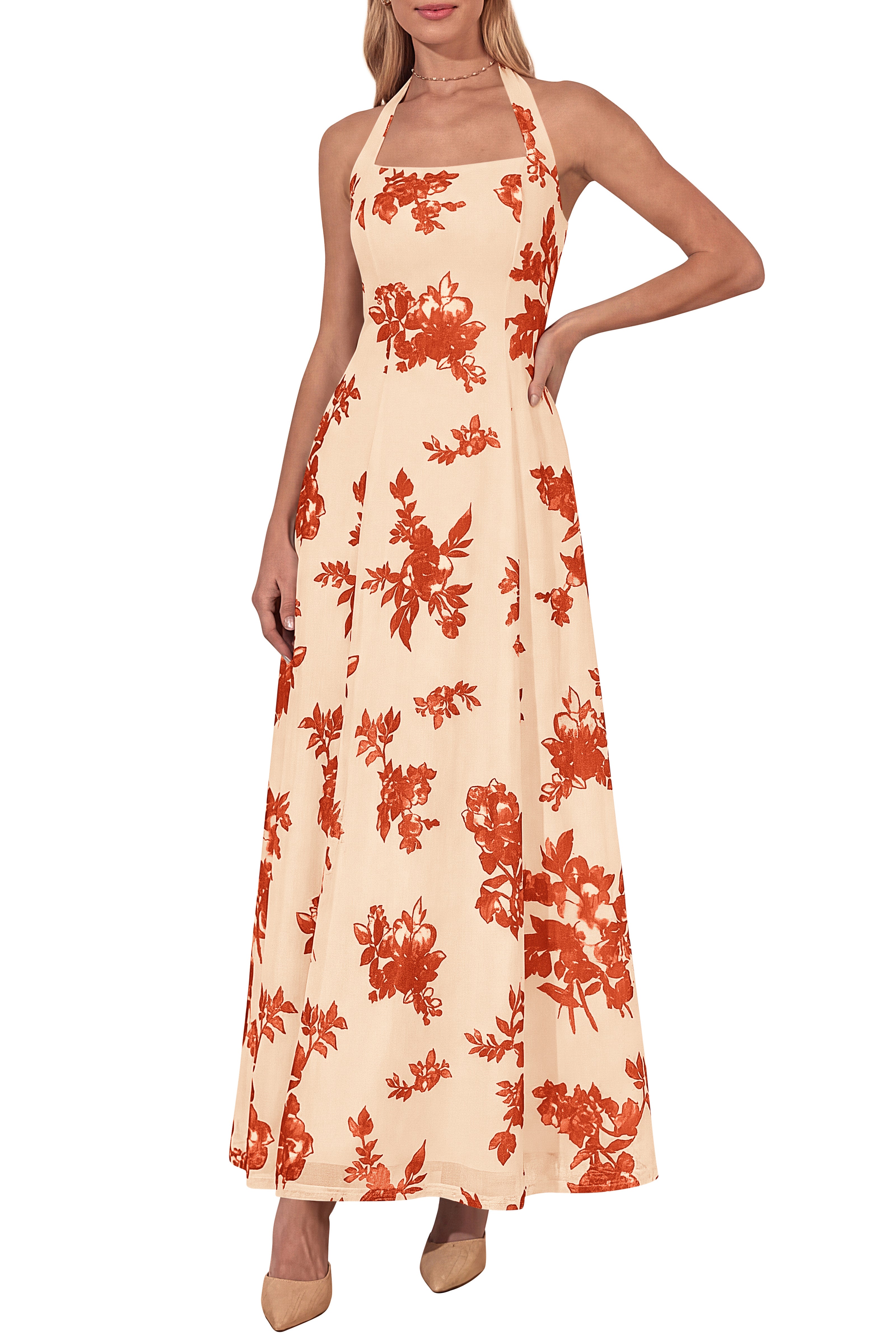 KIRUNDO Women Halter Floral Maxi Dress 2026 Summer Wedding Guest Cocktail Party Sleeveless A Line Beach Vacation Sundress