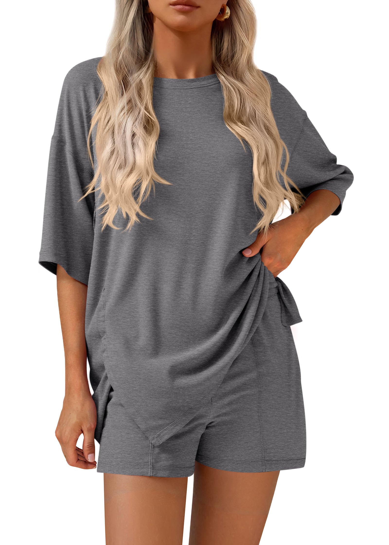 KIRUNDO Lounge Set for Women 2 Piece Outfits Summer Casual Oversized Shirts Shorts Matching Airport Travel Outfits Maternity