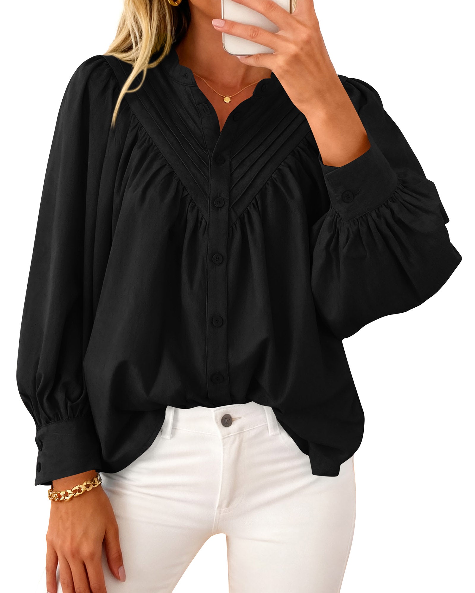 KIRUNDO Blouses for Women Dressy Casual Fashion Clothing Long Sleeve Shirts Loose Fit Button Down Pleated Boho Going Out Tops