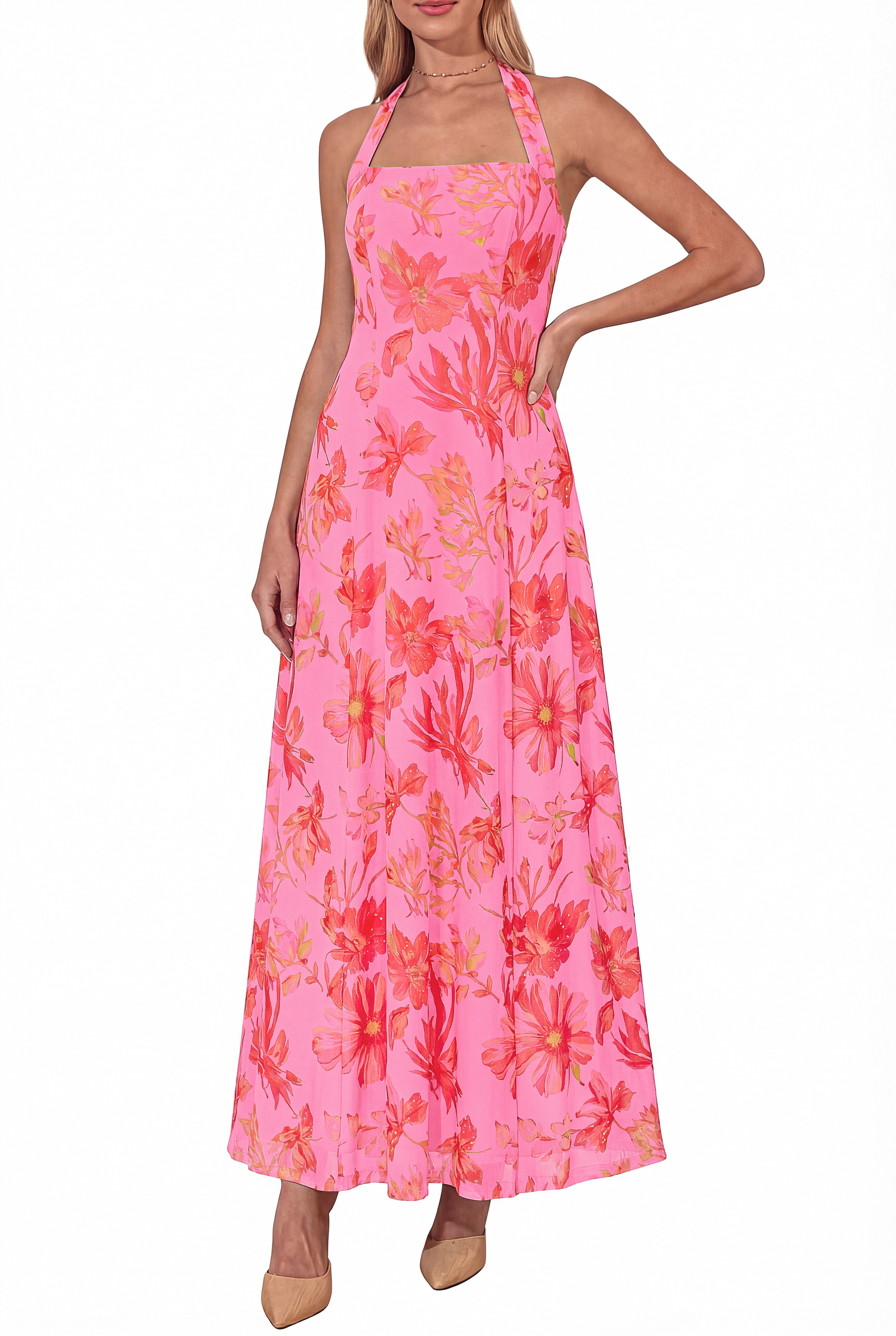 KIRUNDO Women Halter Floral Maxi Dress 2026 Summer Wedding Guest Cocktail Party Sleeveless A Line Beach Vacation Sundress
