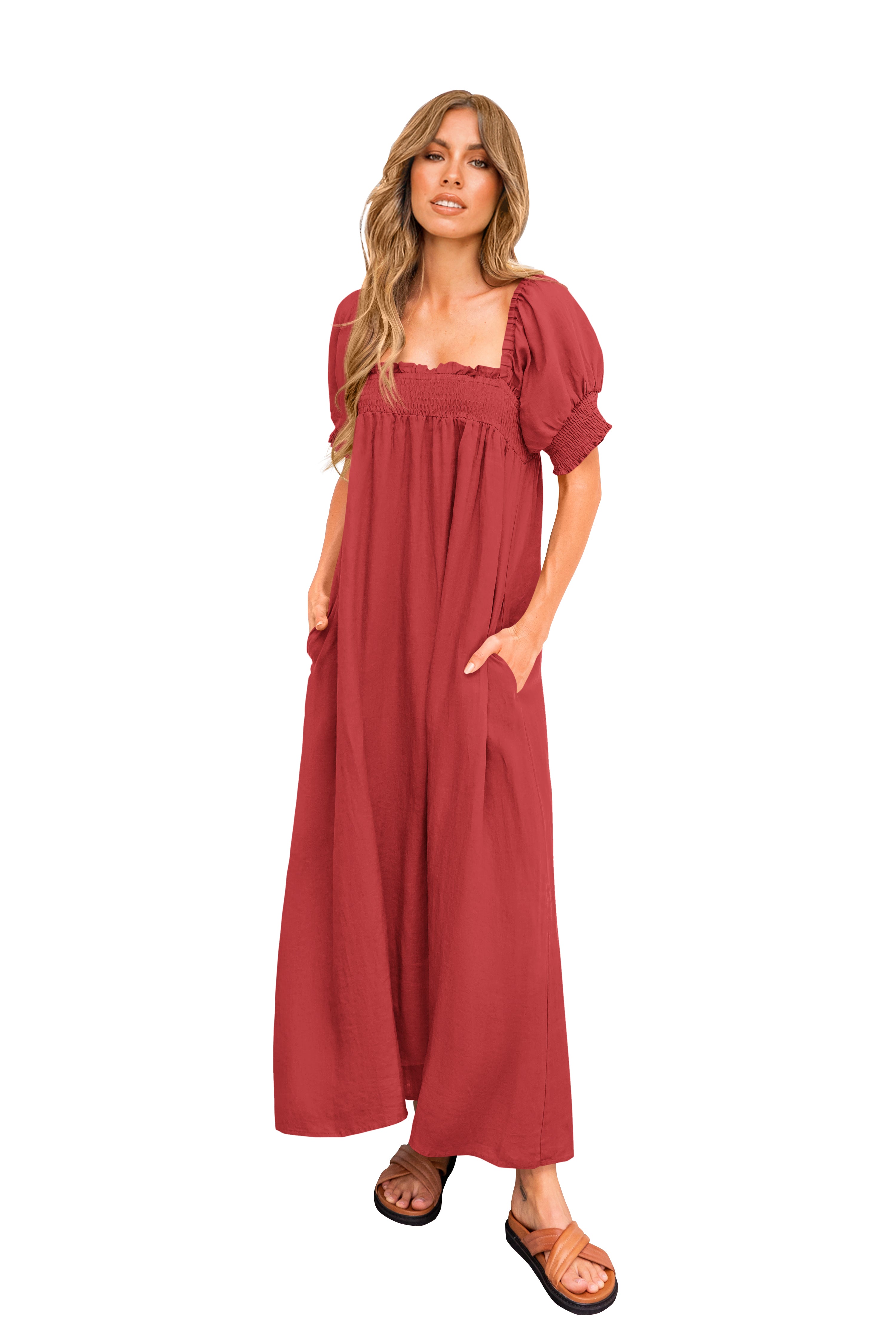 KIRUNDO Women 2026 Summer Maxi Dress Casual Loose Puff Sleeve Square Neck Maternity Flowy Long Beach Dresses with Pockets