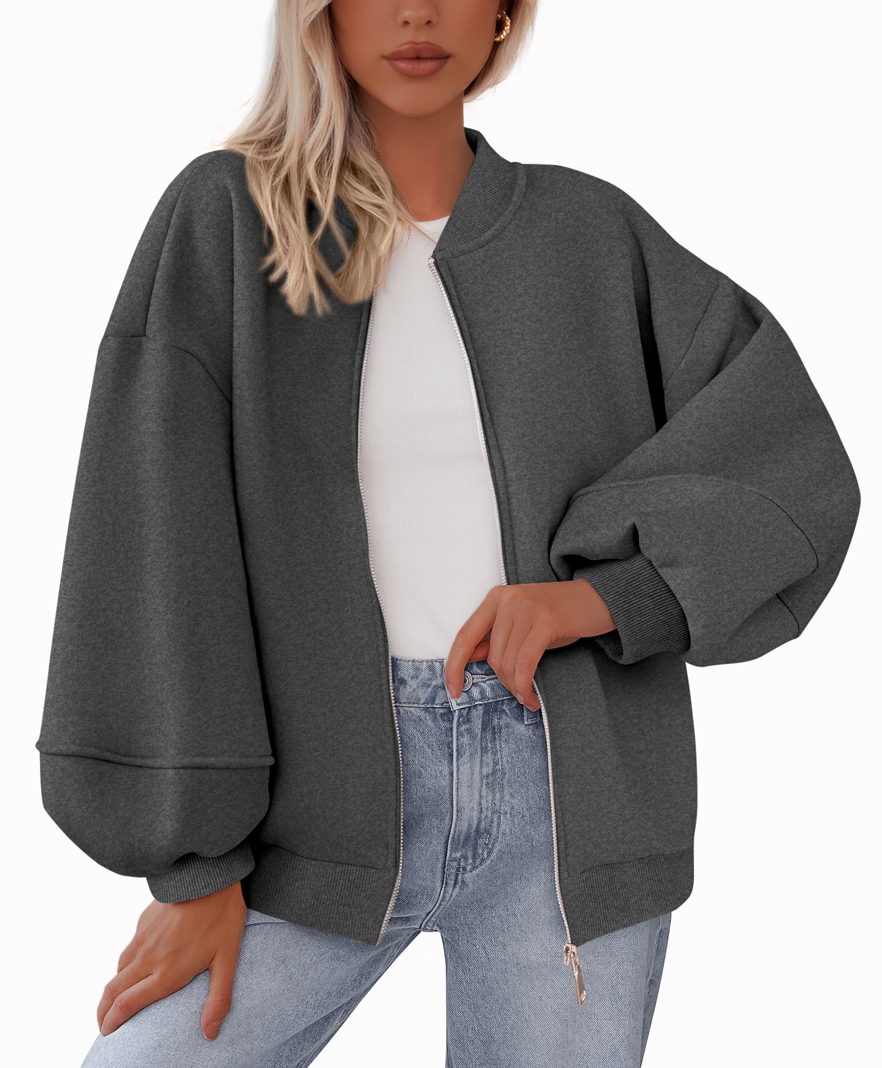 KIRUNDO Oversized Sweatshirt for Women Fall Fashion 2025 Zip Up Bomber Jacket Casual Long Sleeve Outerwear Winter Outfits