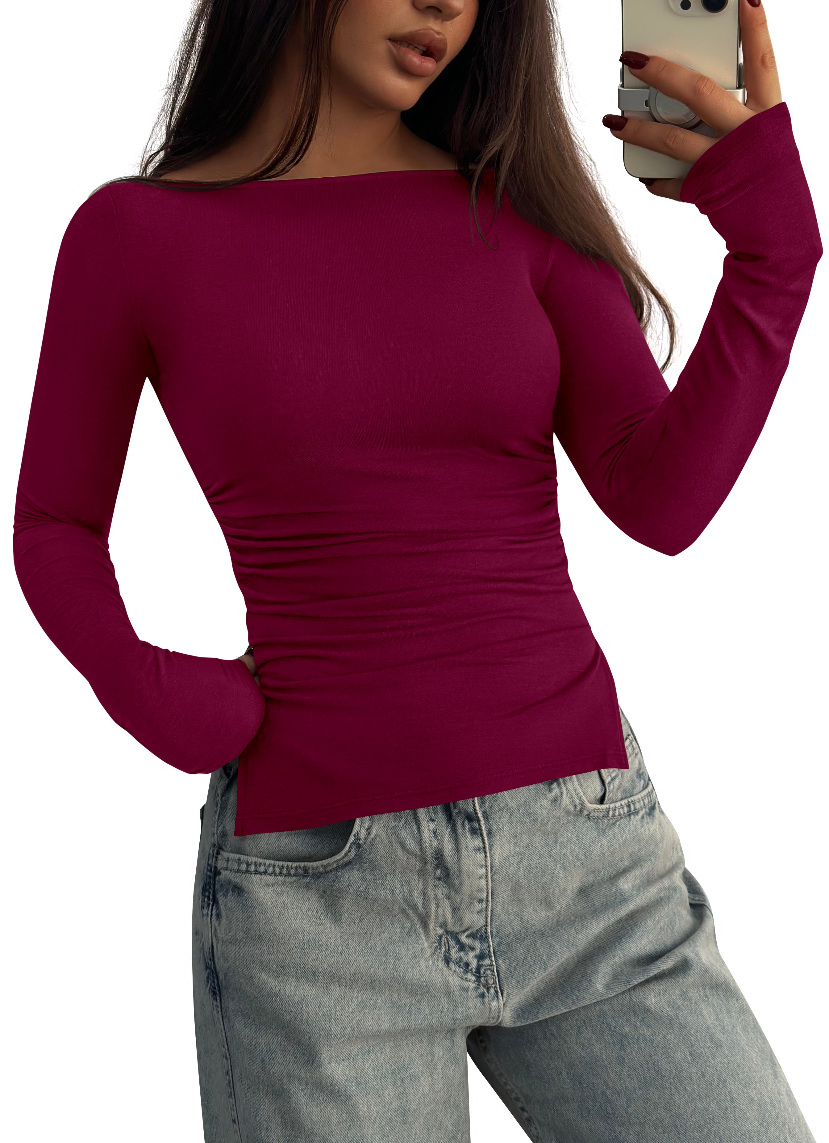 KIRUNDO Long Sleeve Shirts for Women 2025 Fall Casual Boat Neck Knit Workout Going Out Tops Fitted Side Slit Basic Tees