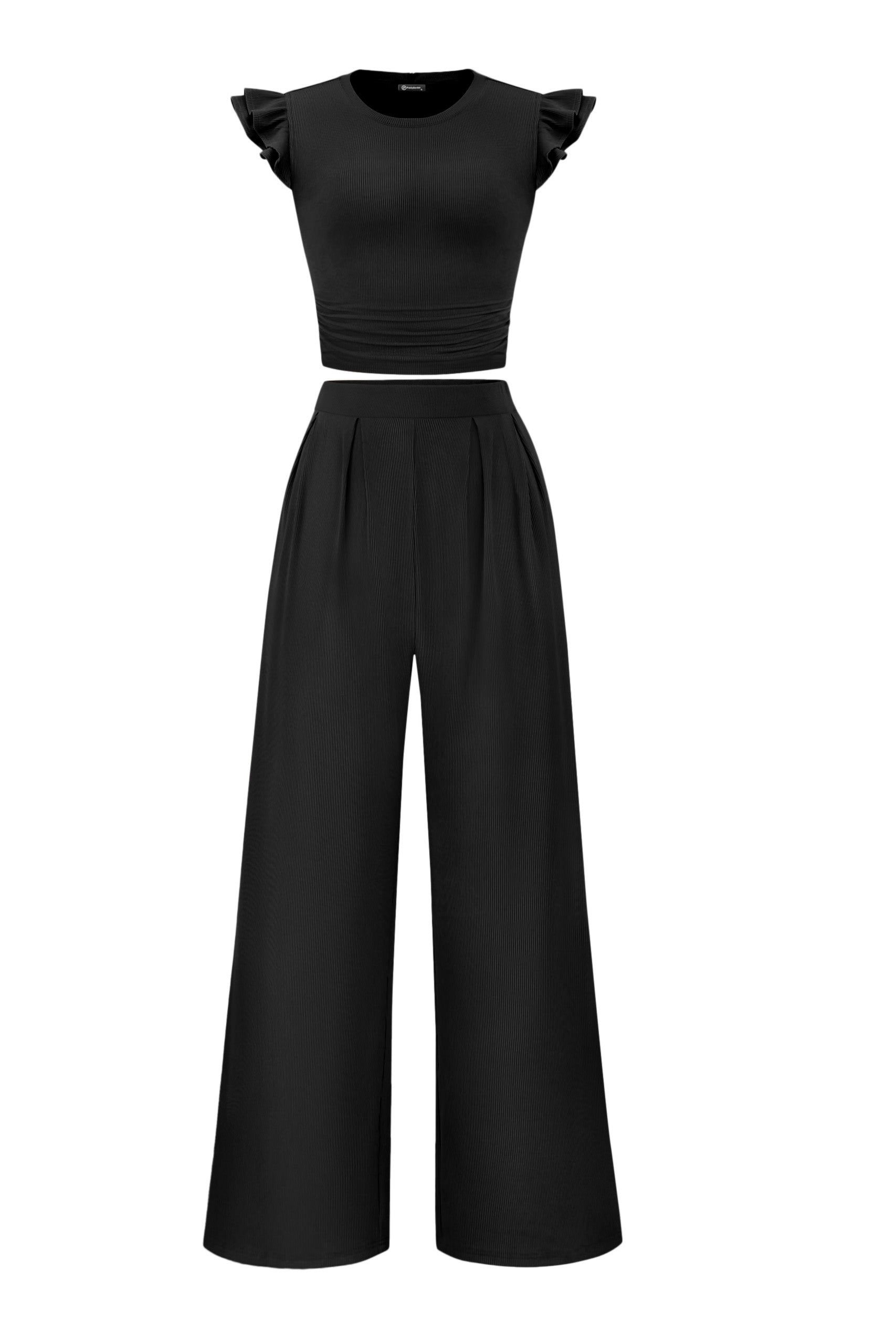 KIRUNDO Two Piece Sets For Women Summer Ruffle Cap Sleeve Crop Tops Wide Leg Palazzo Pants Casual Travel Vacation Outfits