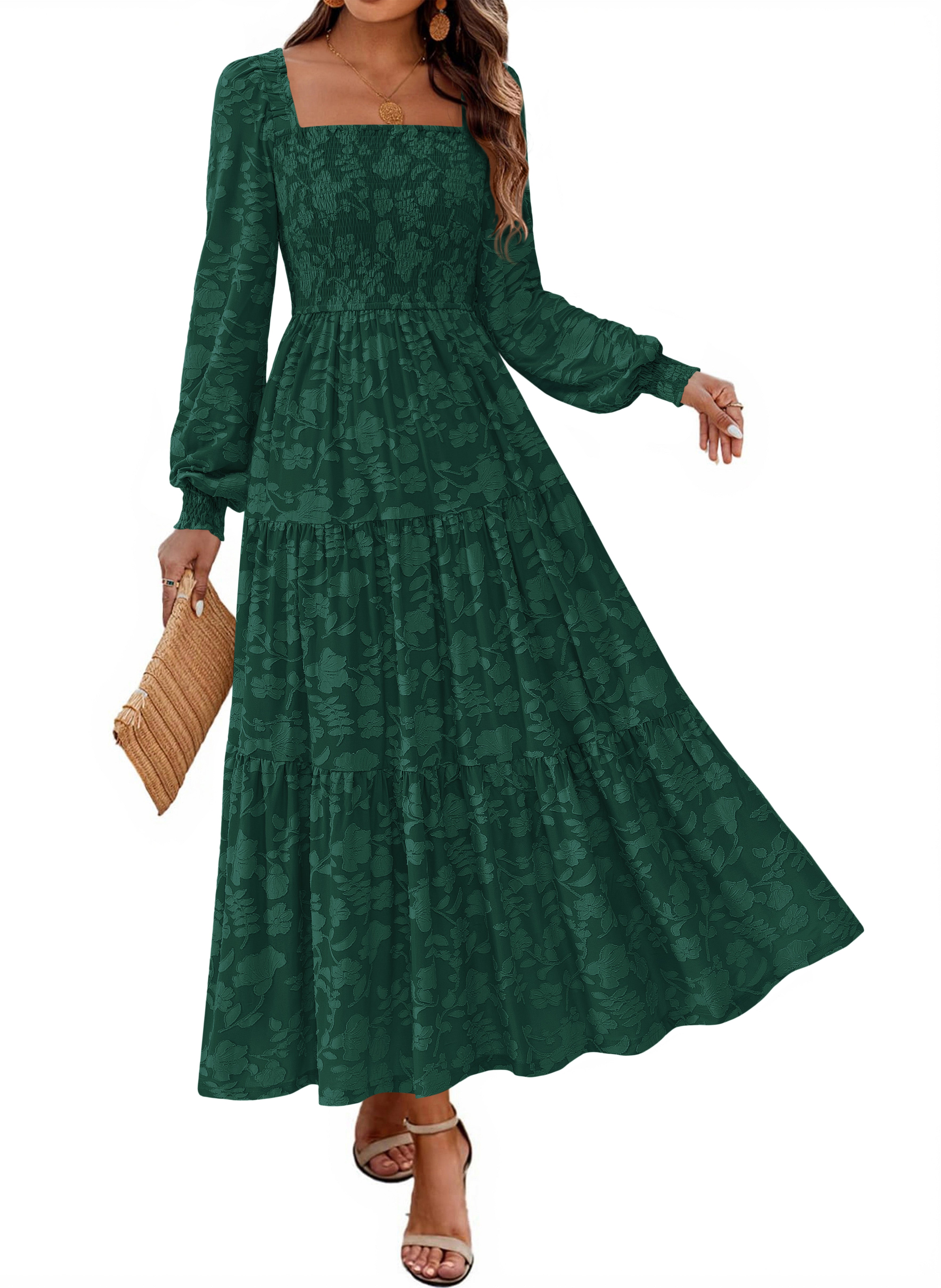 KIRUNDO Wedding Guest Dresses for Women Long Sleeve Smocked Floral Flowy A Line Boho Maxi Dress Fall Clothes