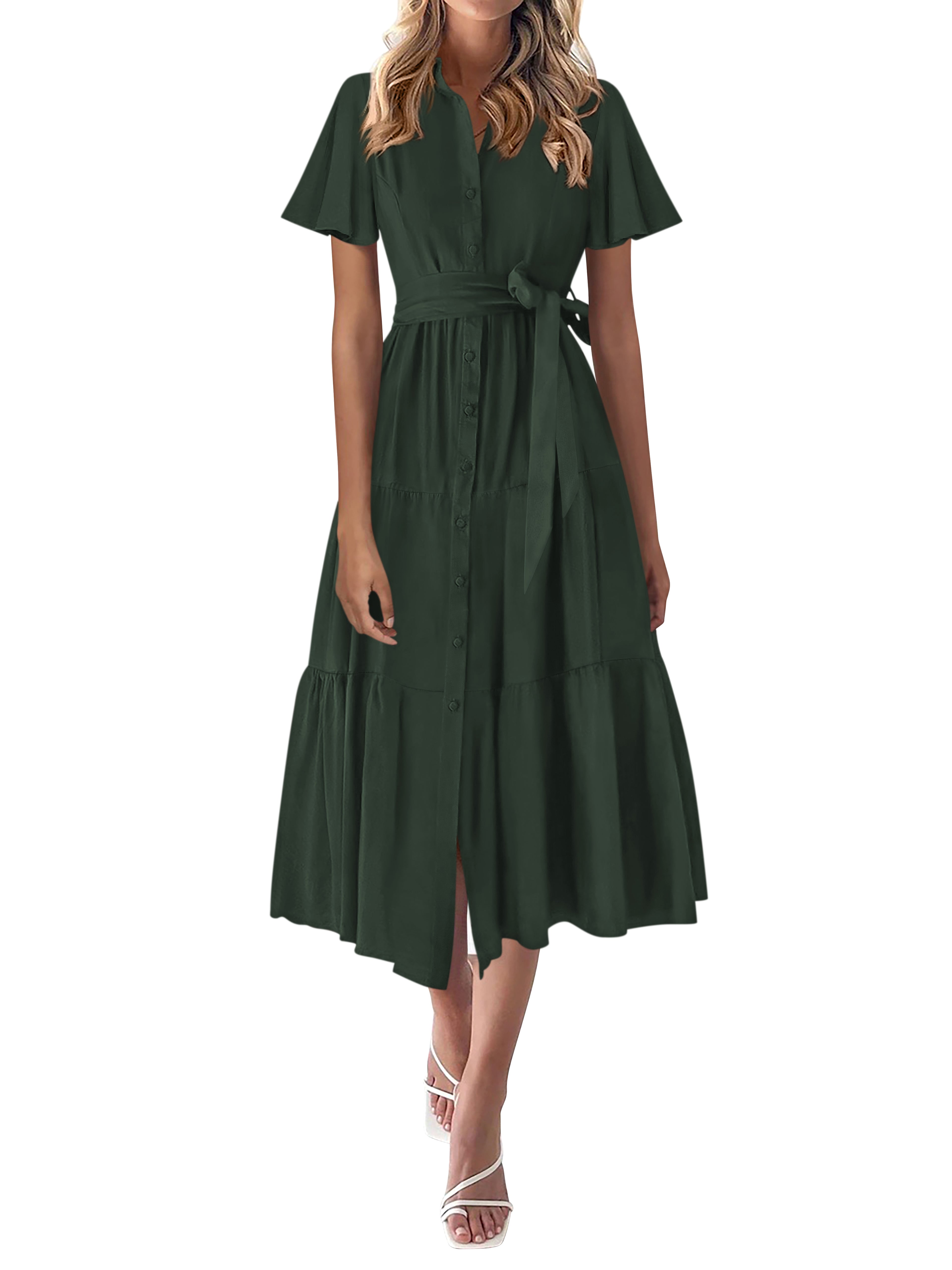 KIRUNDO Summer Button Down Wedding Guest Shirt Dresses for Women Maxi Flutter Short Sleeve Flowy Tiered Beach Sun Dress