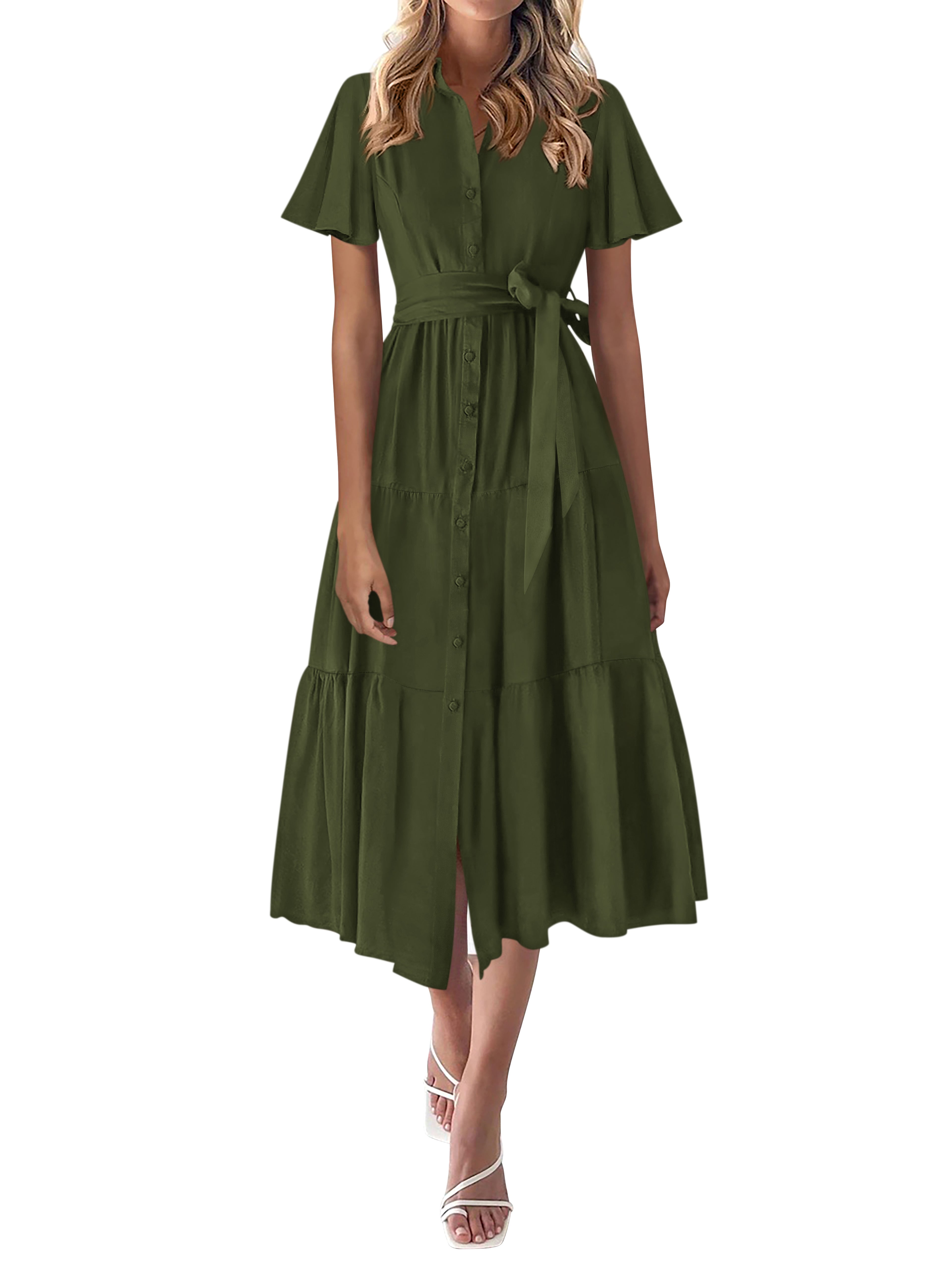 KIRUNDO Summer Button Down Wedding Guest Shirt Dresses for Women Maxi Flutter Short Sleeve Flowy Tiered Beach Sun Dress