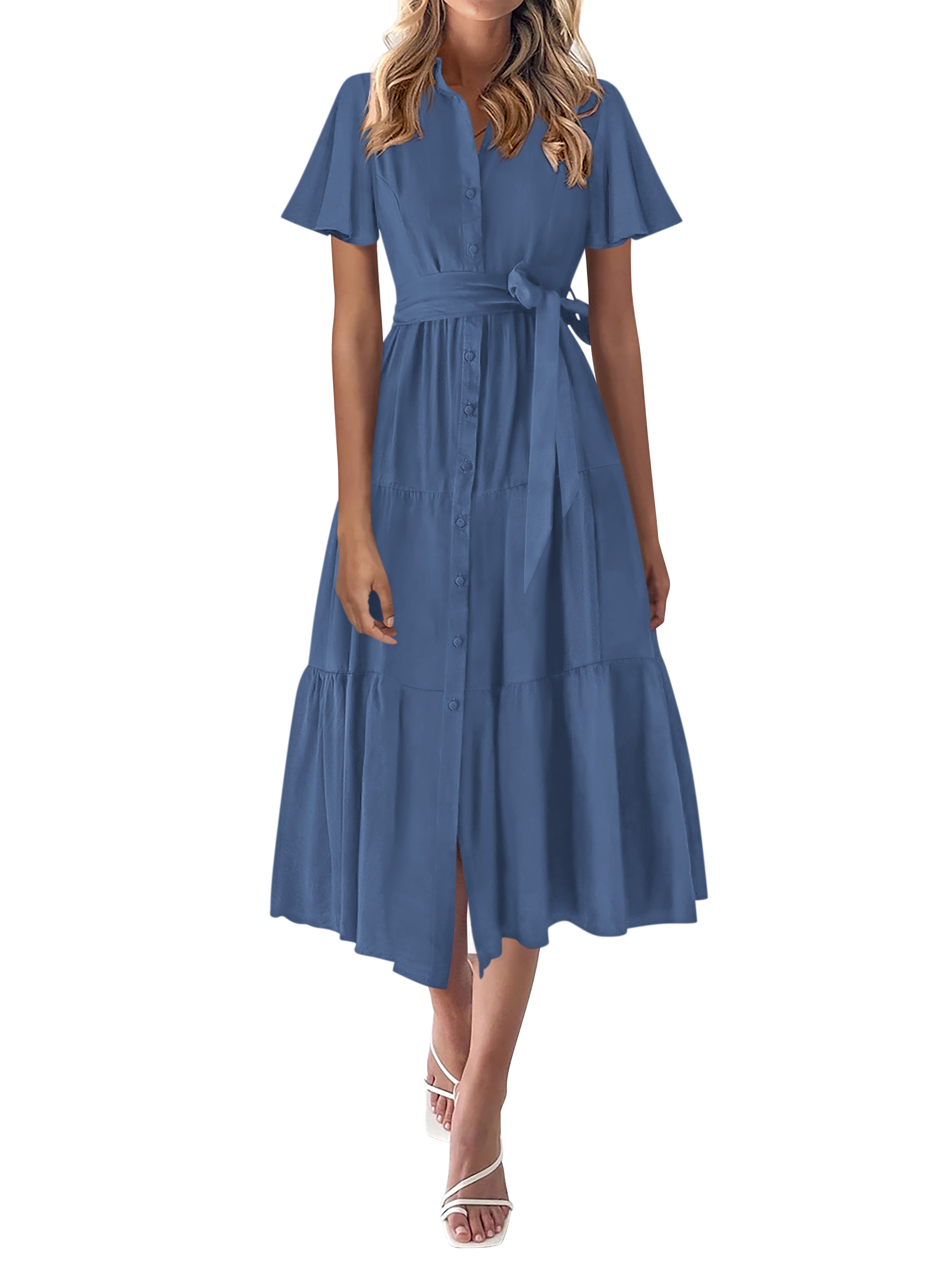 KIRUNDO Summer Button Down Wedding Guest Shirt Dresses for Women Maxi Flutter Short Sleeve Flowy Tiered Beach Sun Dress