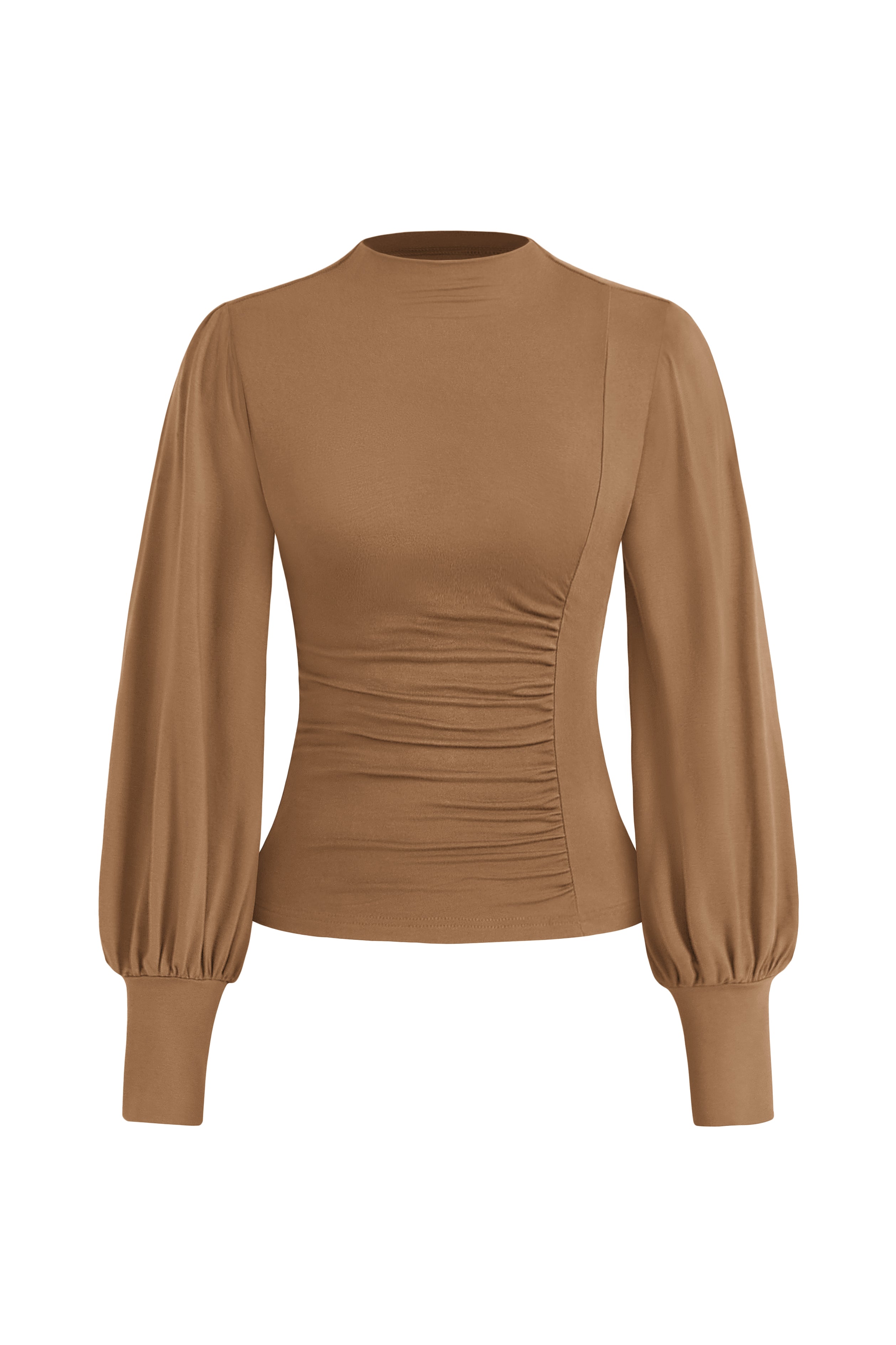 KIRUNDO Blouses for Women Dressy Casual Puff Long Sleeve Shirts Fitted Mock Neck Ruched Trendy Tops 2025 Early Fall Fashion