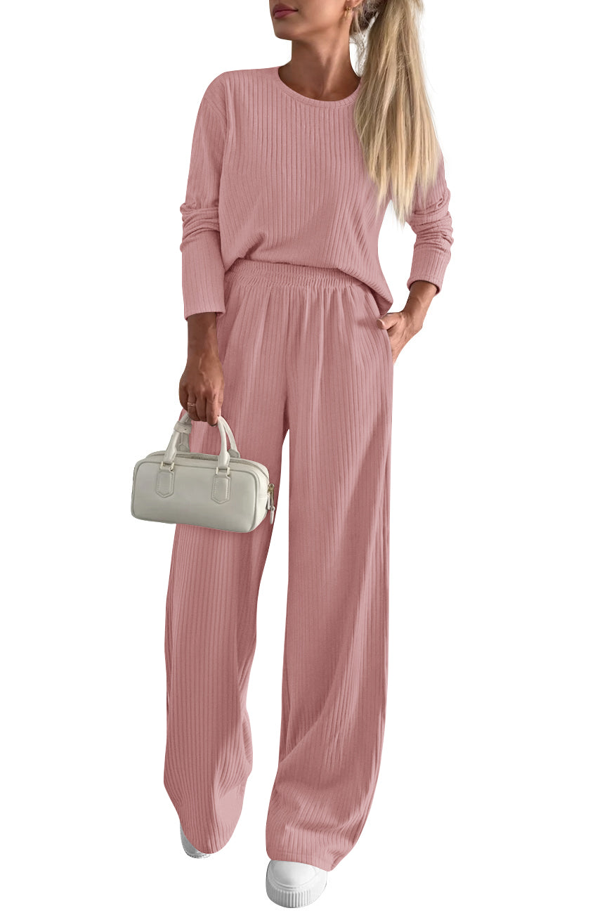 KIRUNDO Fall 2 Piece Lounge Sets for Women Long Sleeve Ribbed Knit Tops Wide Leg Pants Matching Travel Outfits Postpartum
