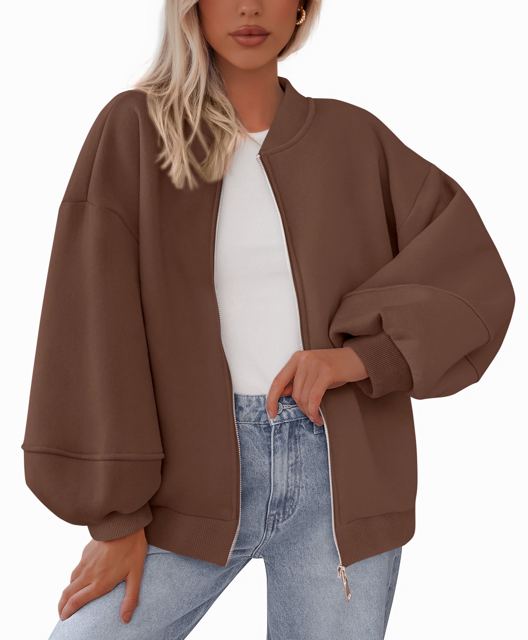 KIRUNDO Oversized Sweatshirt for Women Fall Fashion 2025 Zip Up Bomber Jacket Casual Long Sleeve Outerwear Winter Outfits