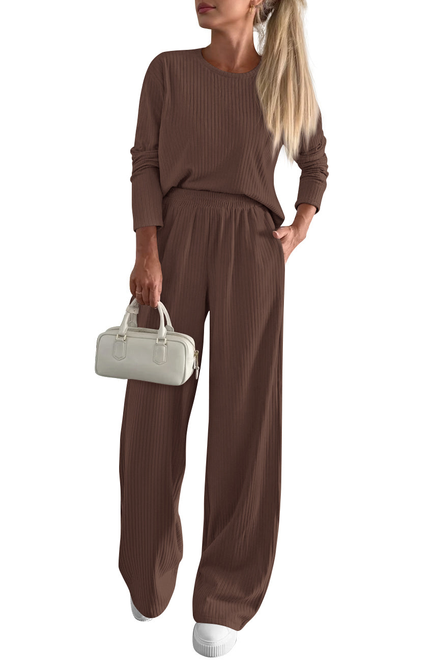 KIRUNDO Fall 2 Piece Lounge Sets for Women Long Sleeve Ribbed Knit Tops Wide Leg Pants Matching Travel Outfits Postpartum
