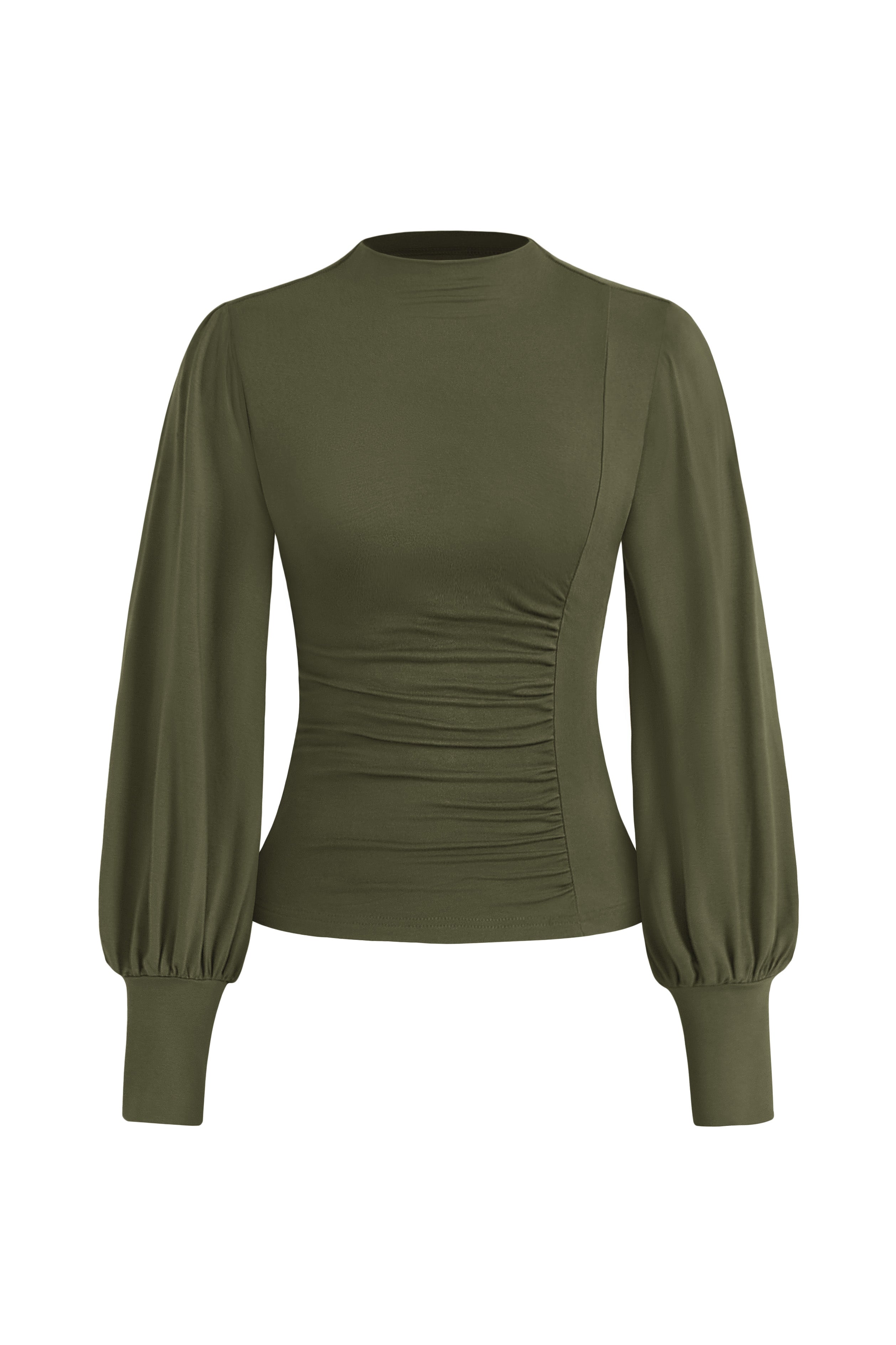 KIRUNDO Blouses for Women Dressy Casual Puff Long Sleeve Shirts Fitted Mock Neck Ruched Trendy Tops 2025 Early Fall Fashion