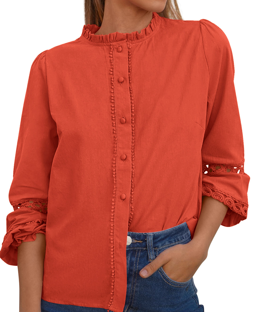 KIRUNDO Going Out Tops for Women Boho Cotton Eyelet Long Sleeve Button Up Shirt 2025 Fall Fashion Lace Dressy Casual Blouses