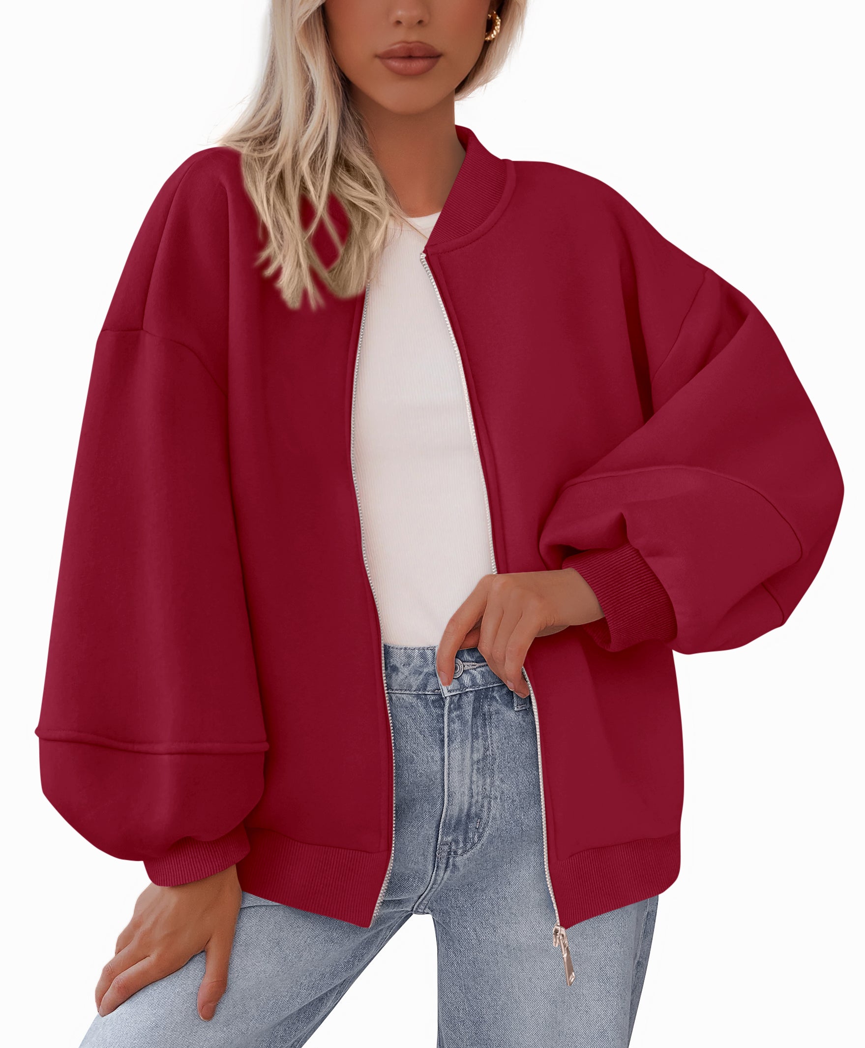 KIRUNDO Oversized Sweatshirt for Women Fall Fashion 2025 Zip Up Bomber Jacket Casual Long Sleeve Outerwear Winter Outfits