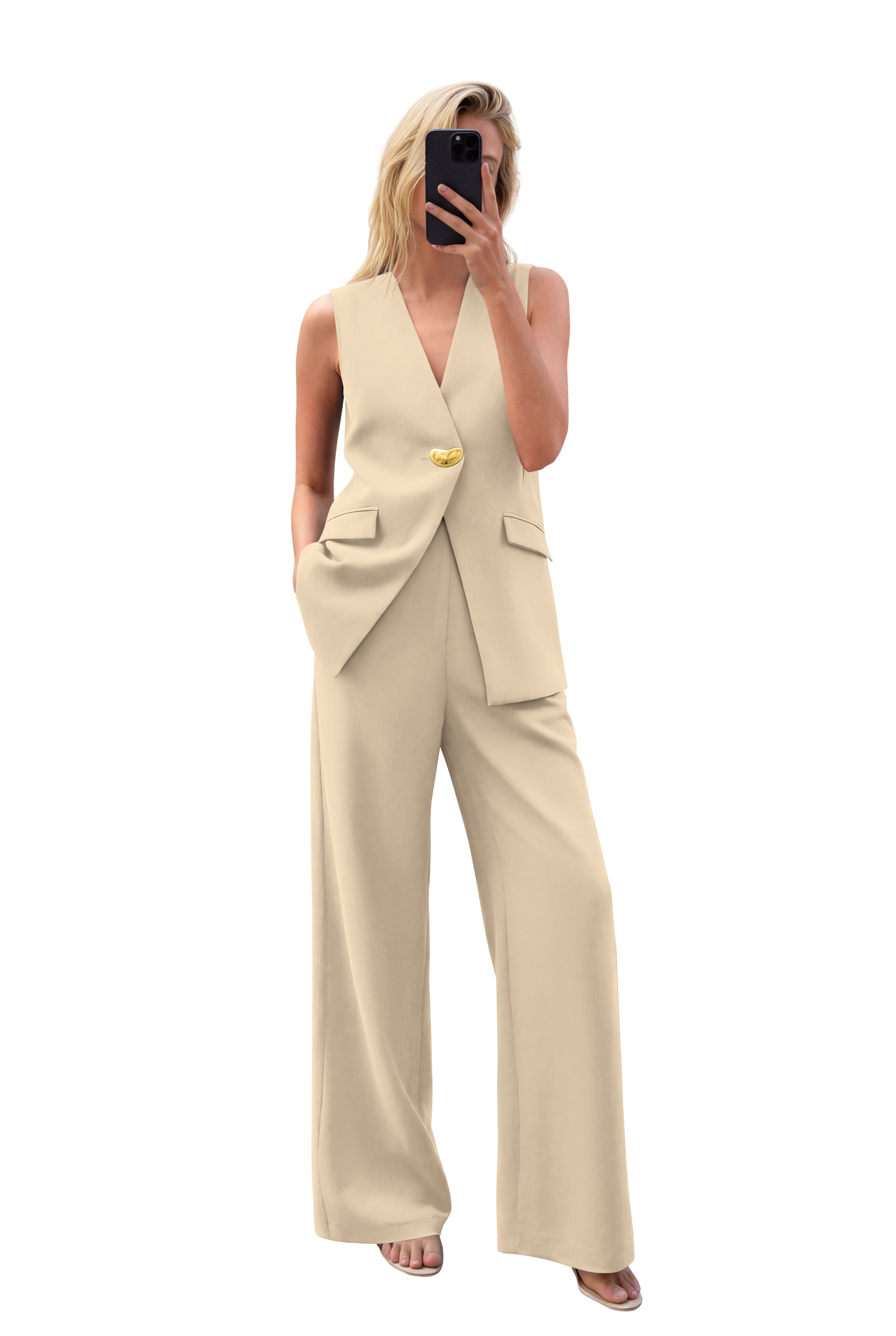 KIRUNDO Pant Suits for Women Dressy 2 Piece Sets Sleeveless Blazer Vest Wide Leg Matching Pantsuit Business Casual Outfits