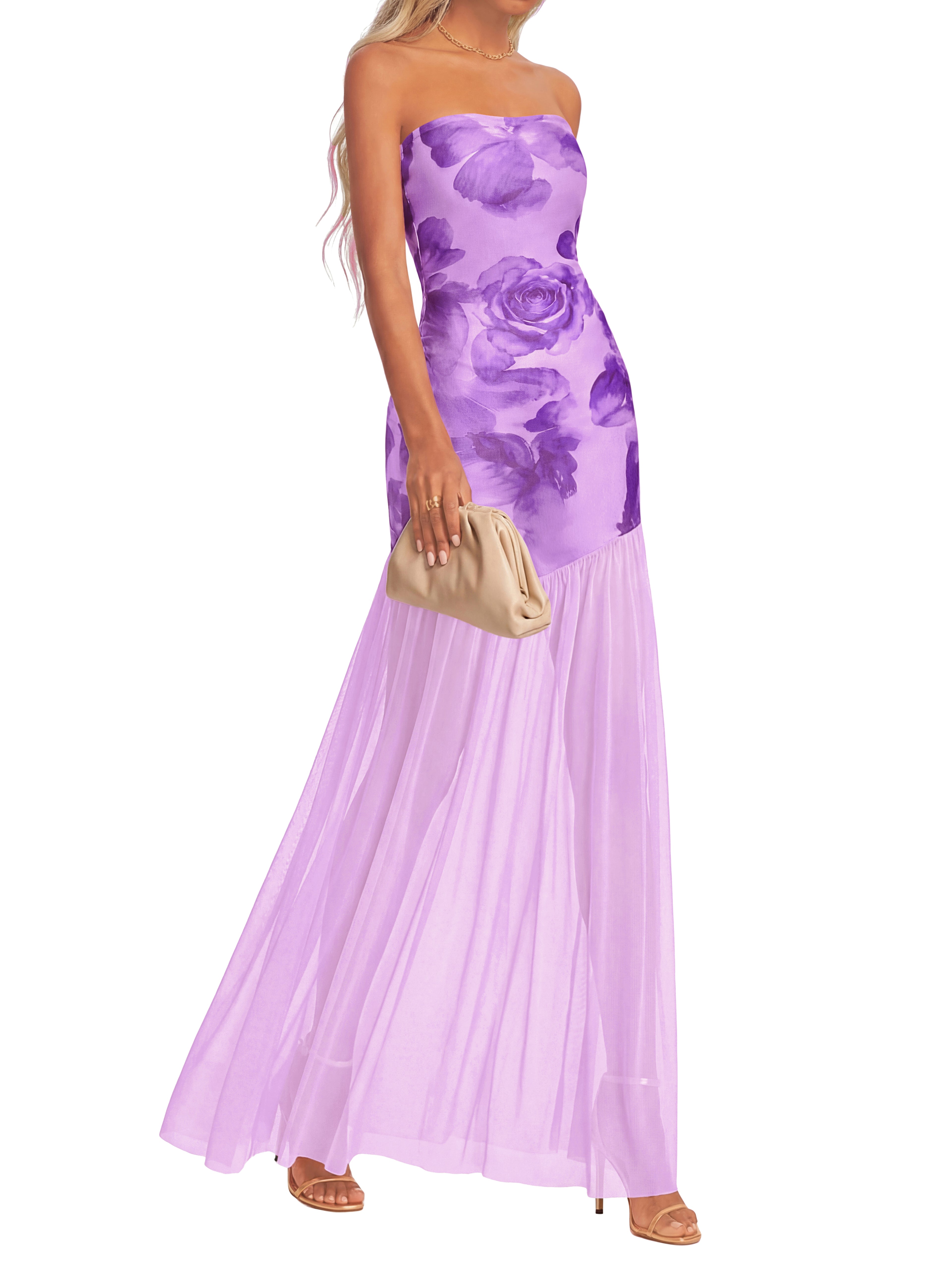 KIRUNDO Women's 2026 Summer Strapless Bodycon Floral Maxi Dress Mesh Mermaid Wedding Guest Cocktail Party Formal Dresses