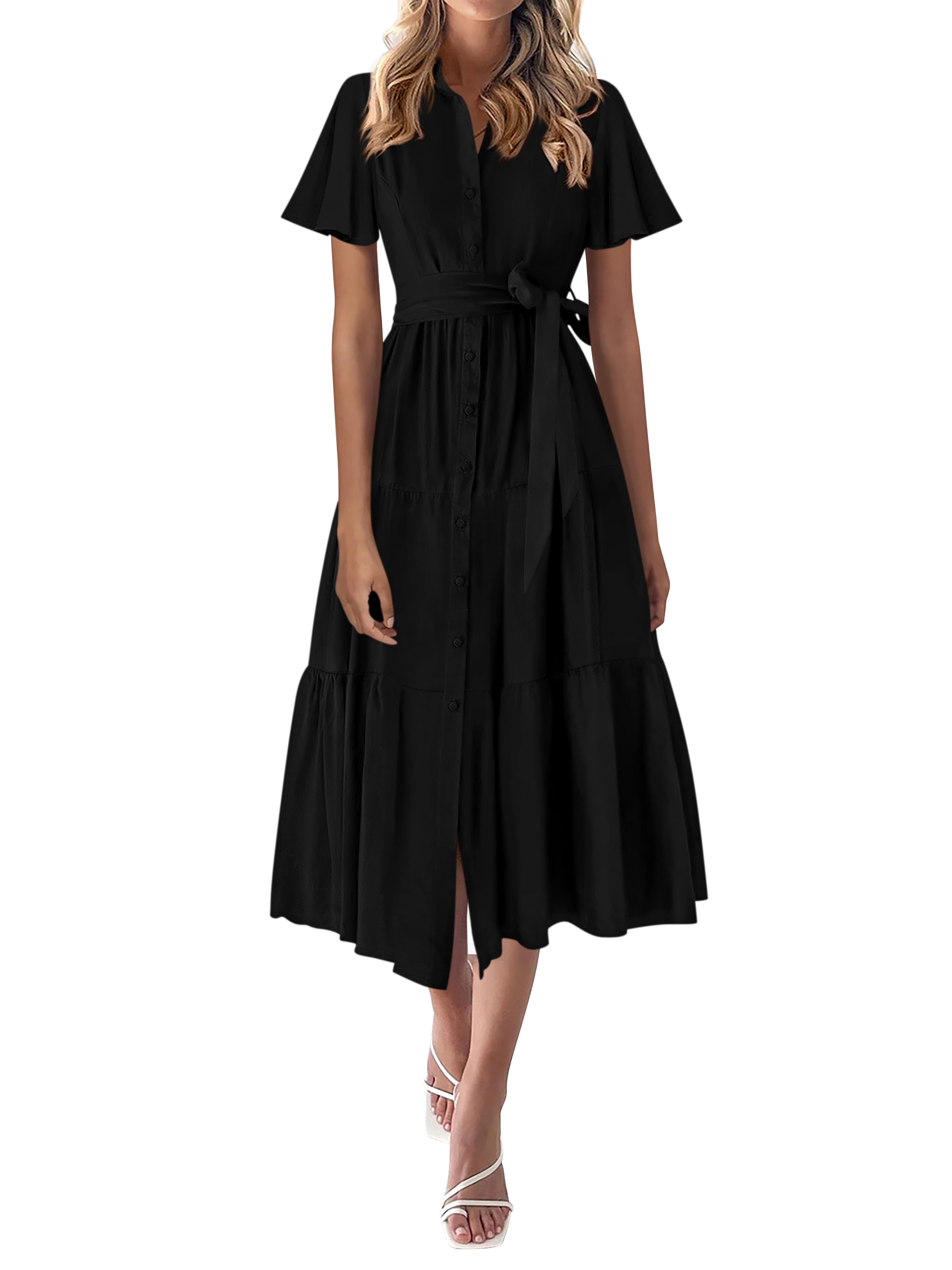 KIRUNDO Summer Button Down Wedding Guest Shirt Dresses for Women Maxi Flutter Short Sleeve Flowy Tiered Beach Sun Dress