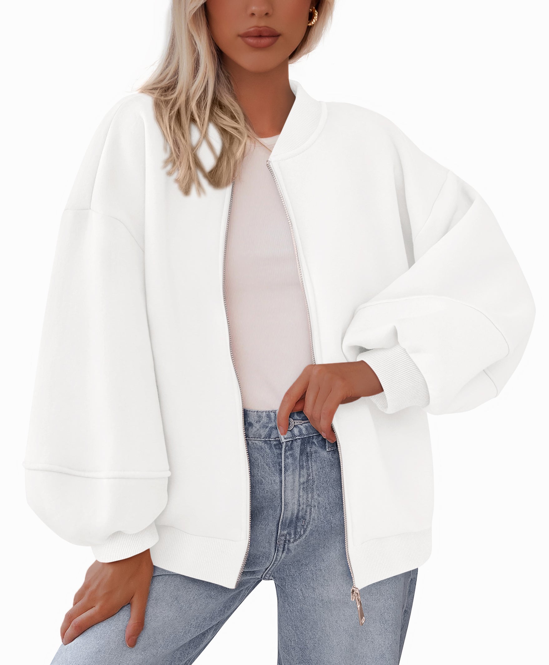 KIRUNDO Oversized Sweatshirt for Women Fall Fashion 2025 Zip Up Bomber Jacket Casual Long Sleeve Outerwear Winter Outfits