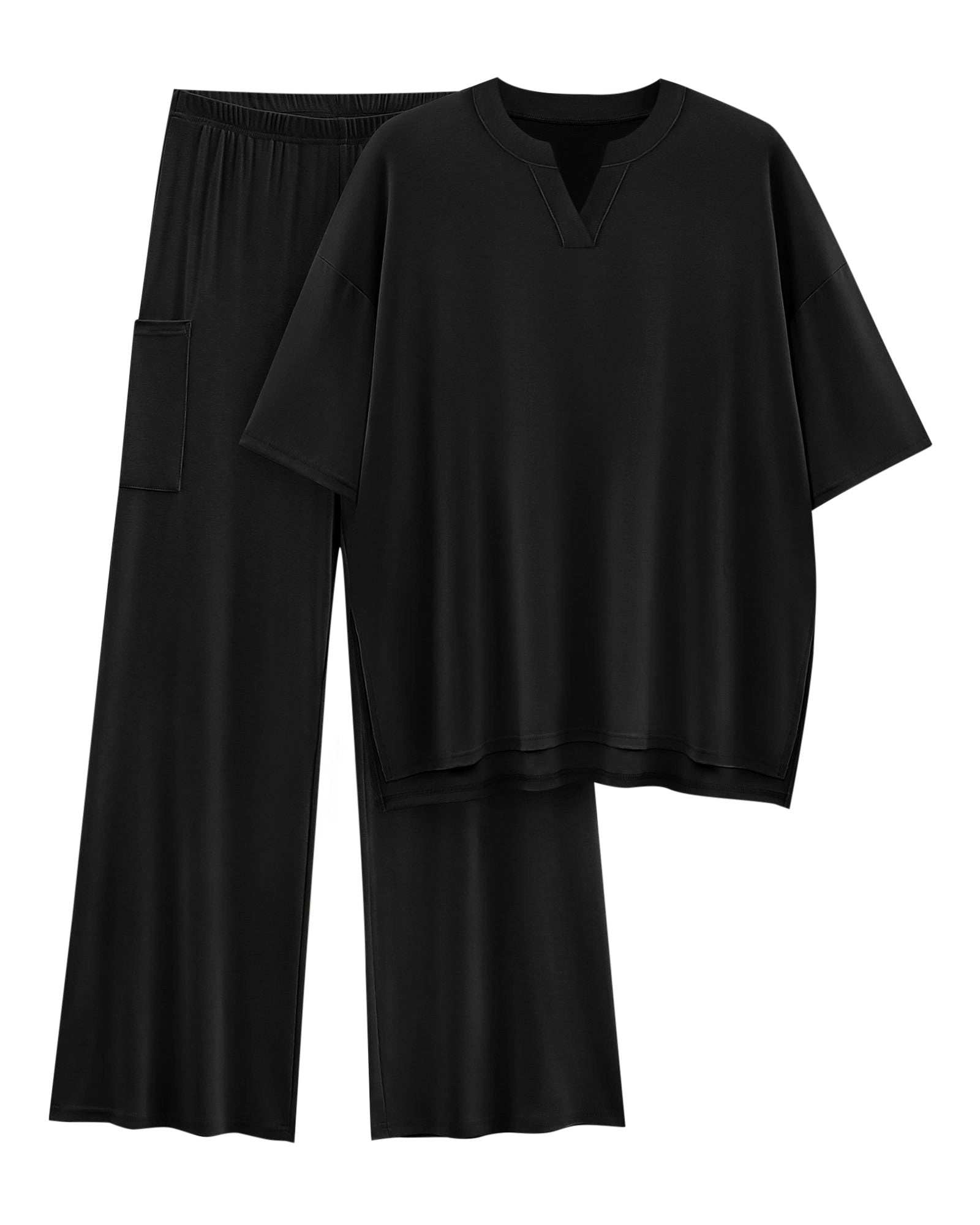 KIRUNDO Womens 2 Piece Matching Lounge Set Airport Travel Vacation Summer Outfits Oversized Short Sleeve Tops Wide Leg Pants