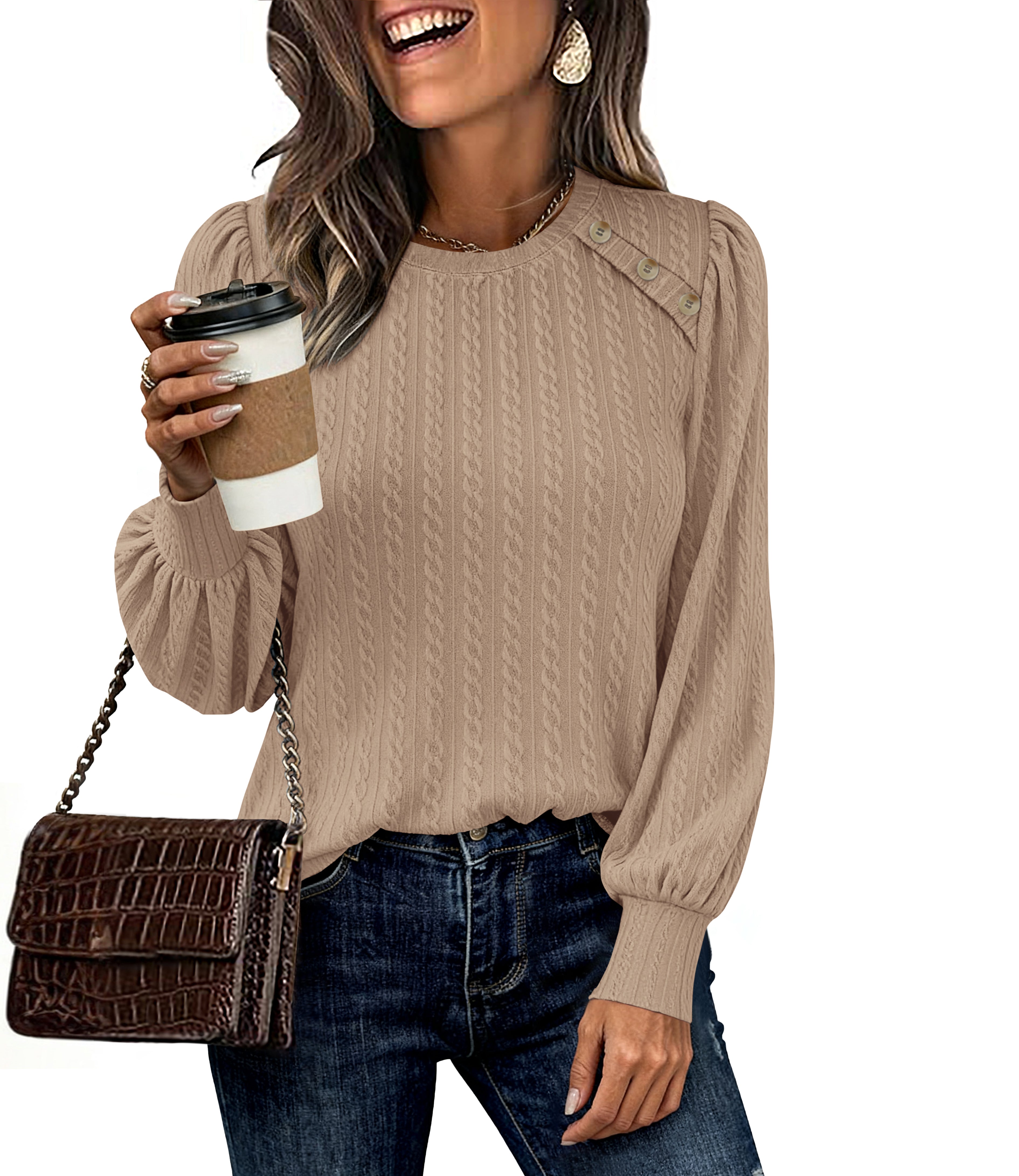 KIRUNDO Long Sleeve Shirts For Women 2025 Fall Trendy Textured Knit Going Out Tops Casual Dressy Crewneck Work Blouse Tunic