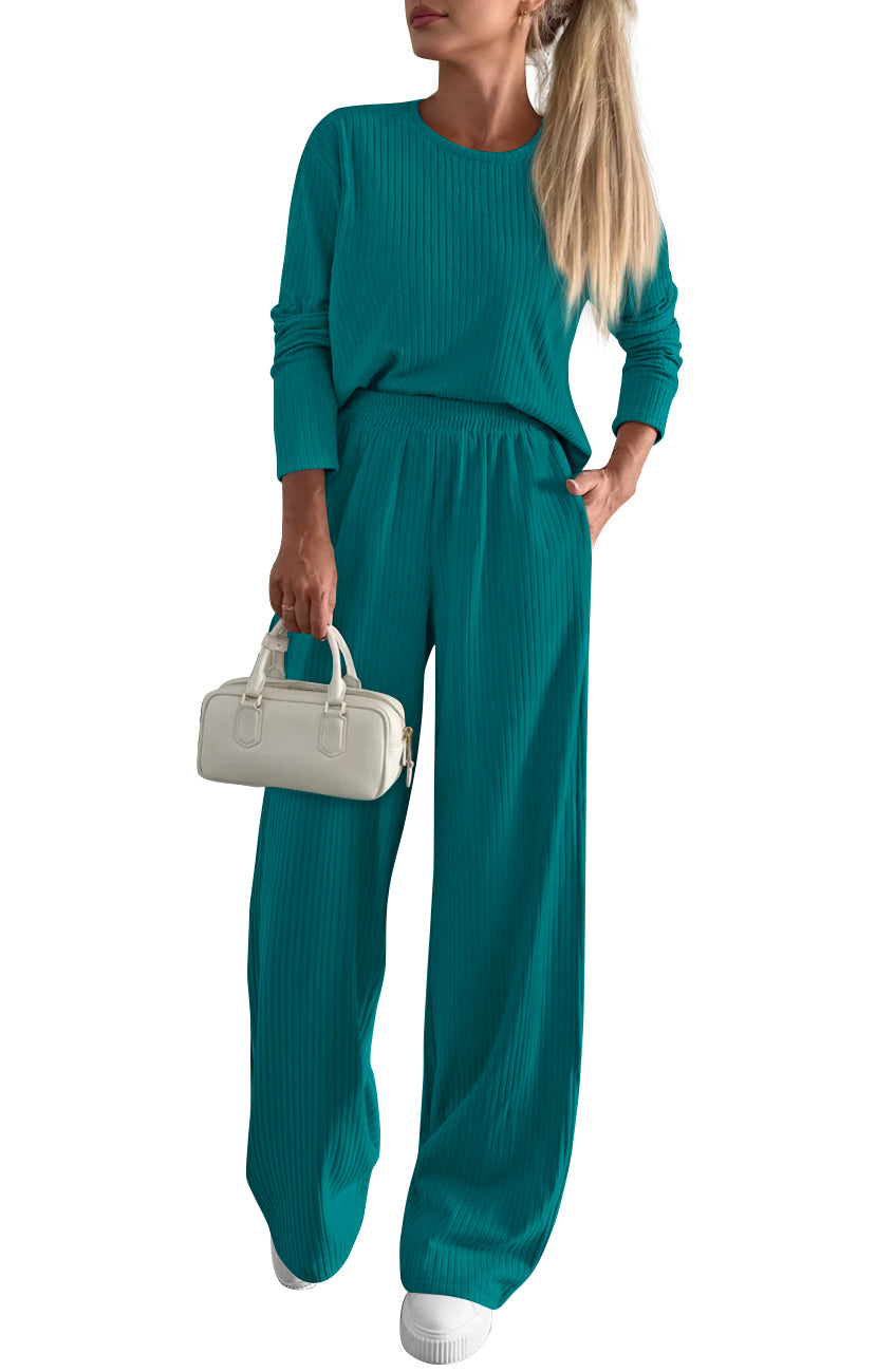 KIRUNDO Fall 2 Piece Lounge Sets for Women Long Sleeve Ribbed Knit Tops Wide Leg Pants Matching Travel Outfits Postpartum