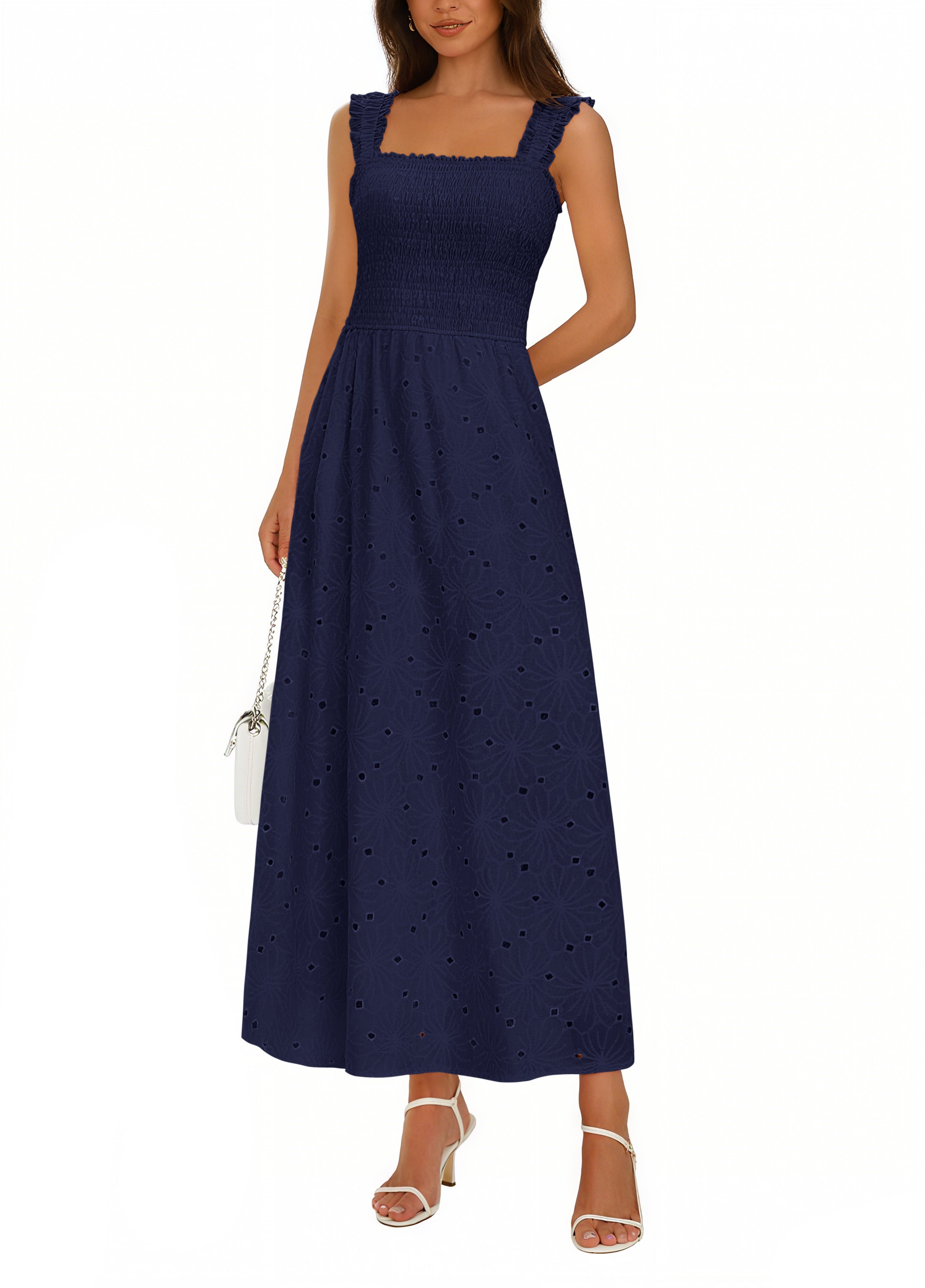 KIRUNDO Women Eyelet Summer Maxi Dress 2026 Spring Boho Lace Cotton Smocked Sleeveless Square Neck Beach Vacation Sundress