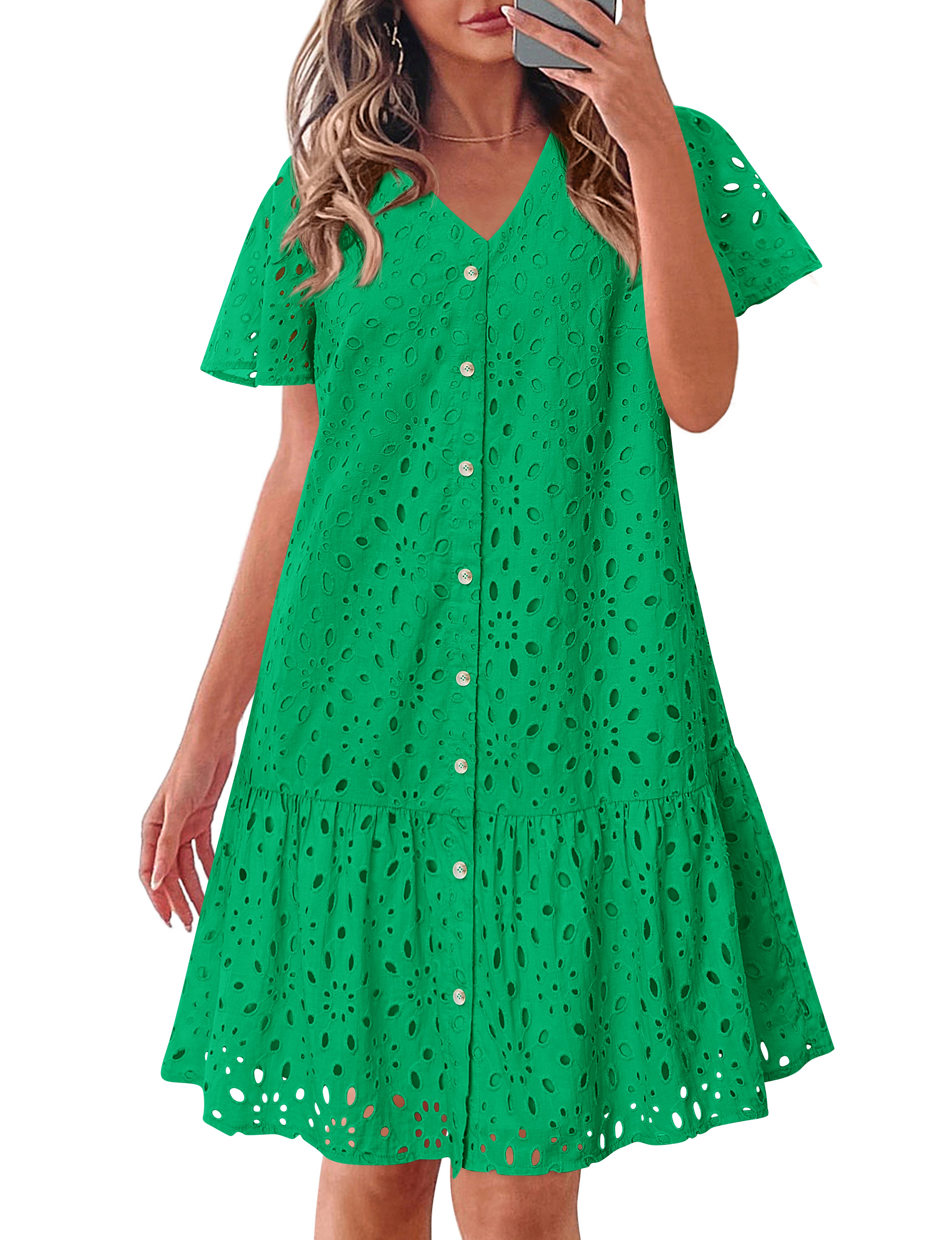 KIRUNDO Eyelet Dresses for Women 2026 Spring Summer Short Sleeve Button Down Loose Mini Babydoll Dress Beach Vacation Clothes