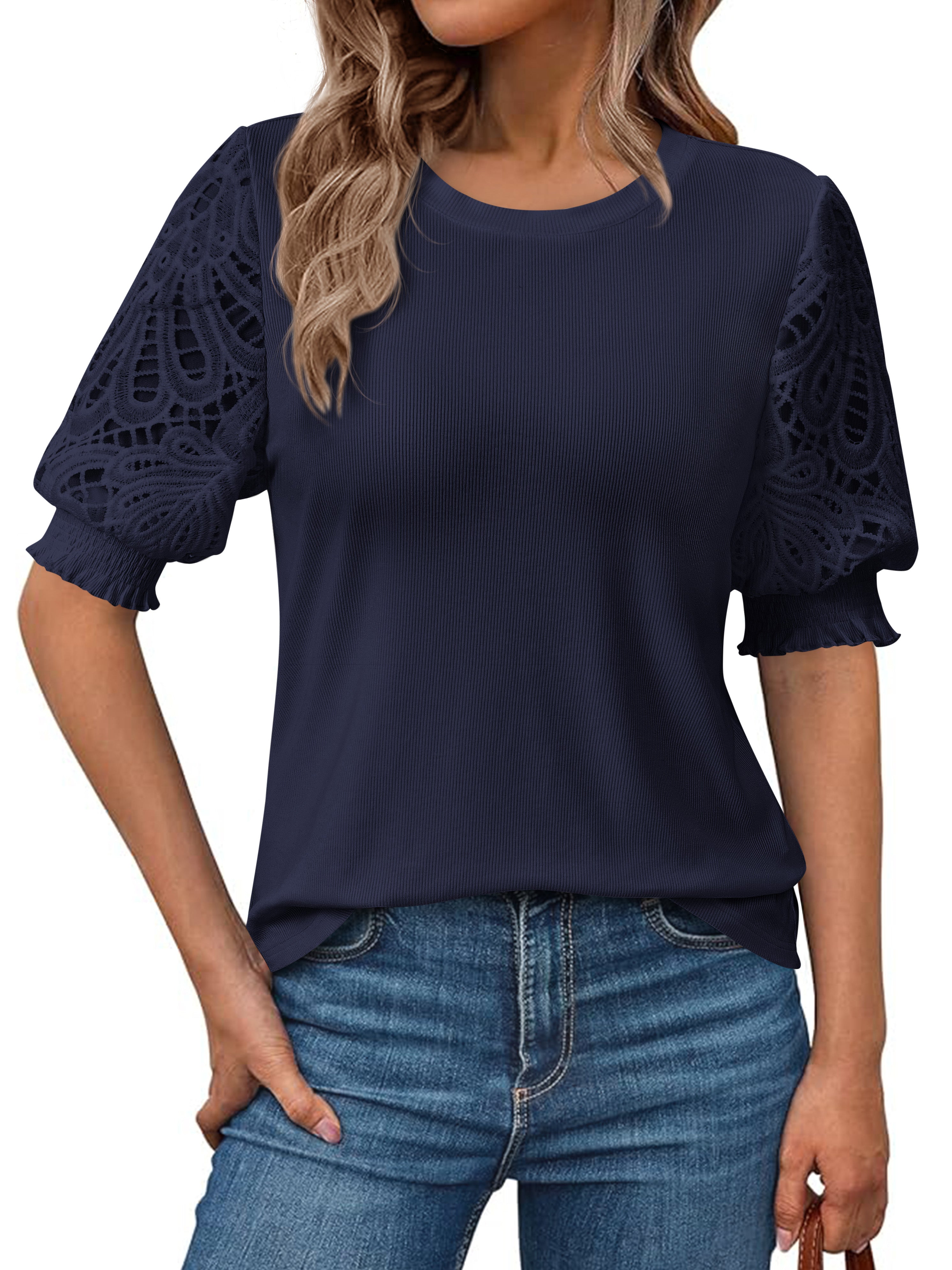 KIRUNDO Summer Women Blouses 2026 Casual Crewneck Going Out Tops Dressy Lace Hollow Out Short Sleeve T Shirts Work Office