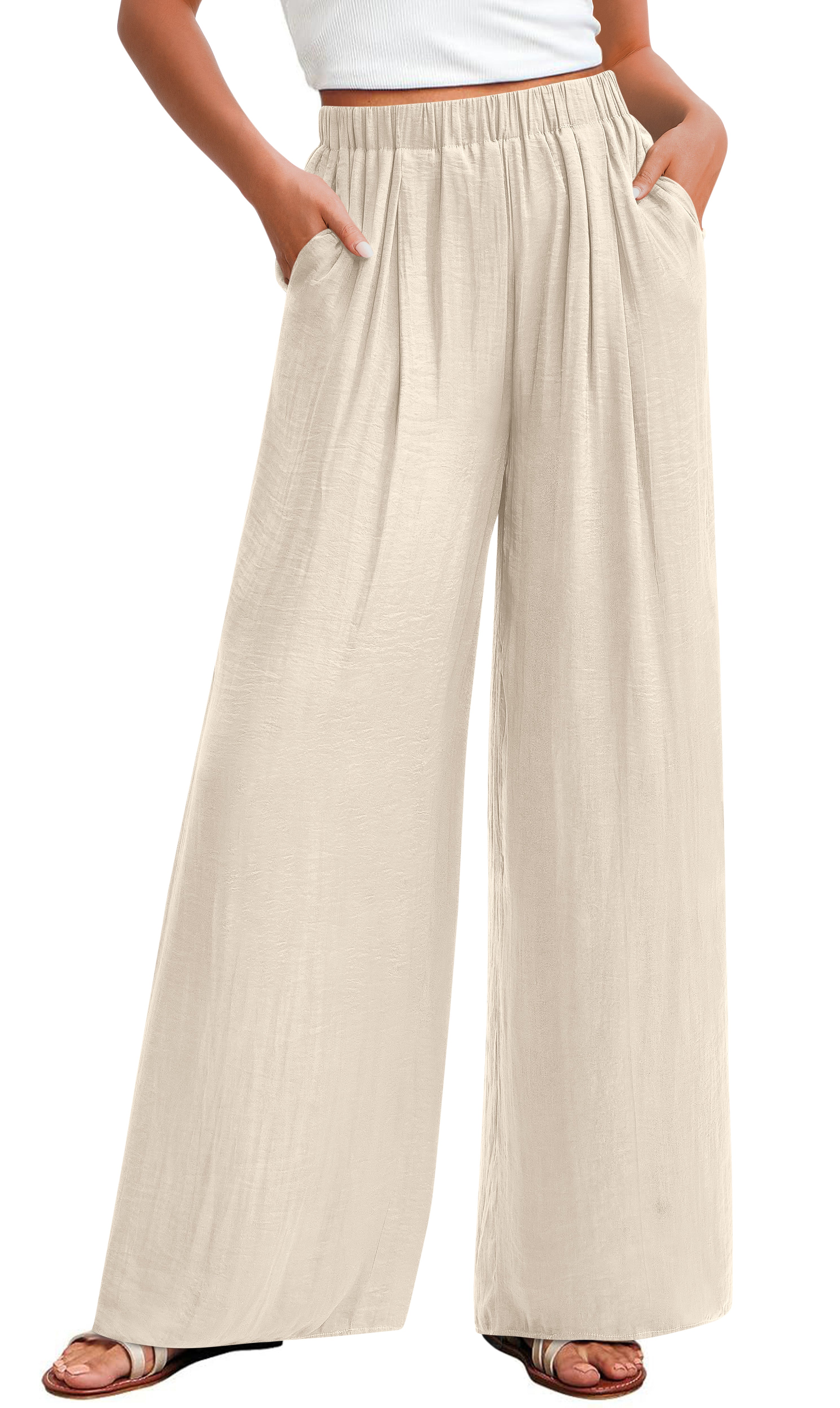 KIRUNDO Wide Leg Pants for Women Summer Flowy Elastic Waist Palazzo Pants Lounge Trousers with Pockets Beach Vacation Outfits