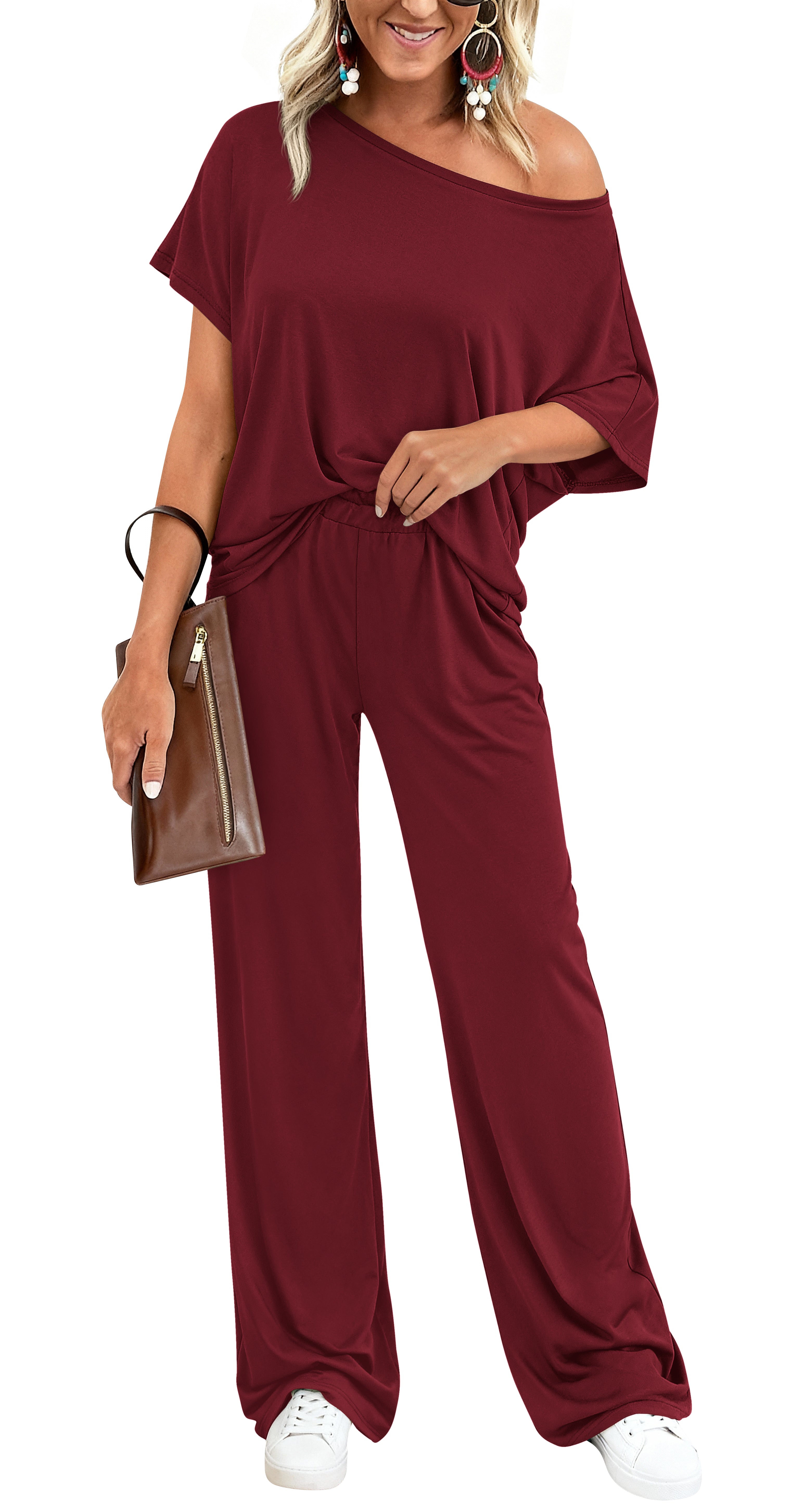 KIRUNDO 2 Piece Lounge Sets for Women Airport Travel Vacation Outfits 2026 Summer Off Shoulder Tops Matching Wide Leg Pants