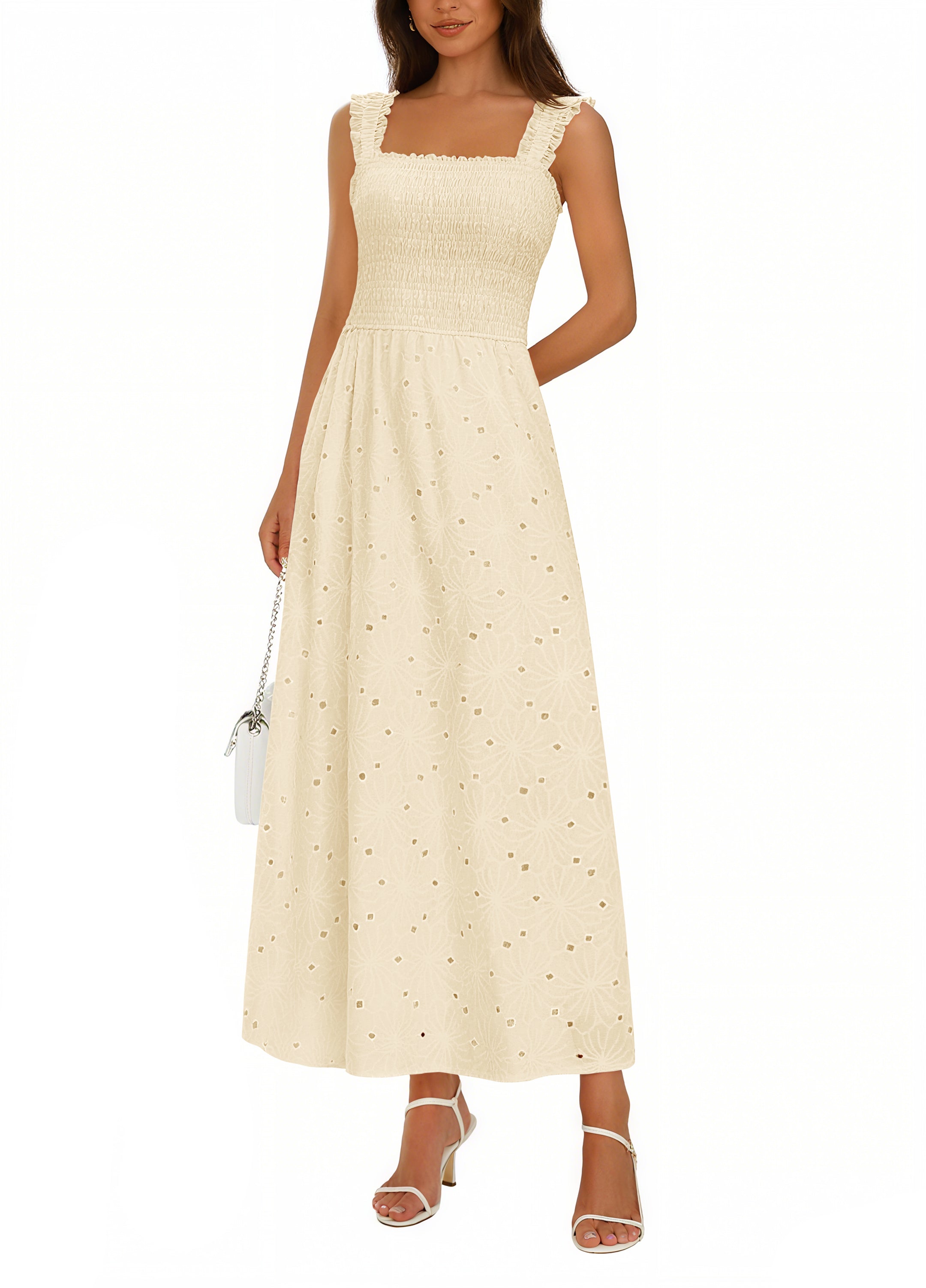 KIRUNDO Women Eyelet Summer Maxi Dress 2026 Spring Boho Lace Cotton Smocked Sleeveless Square Neck Beach Vacation Sundress