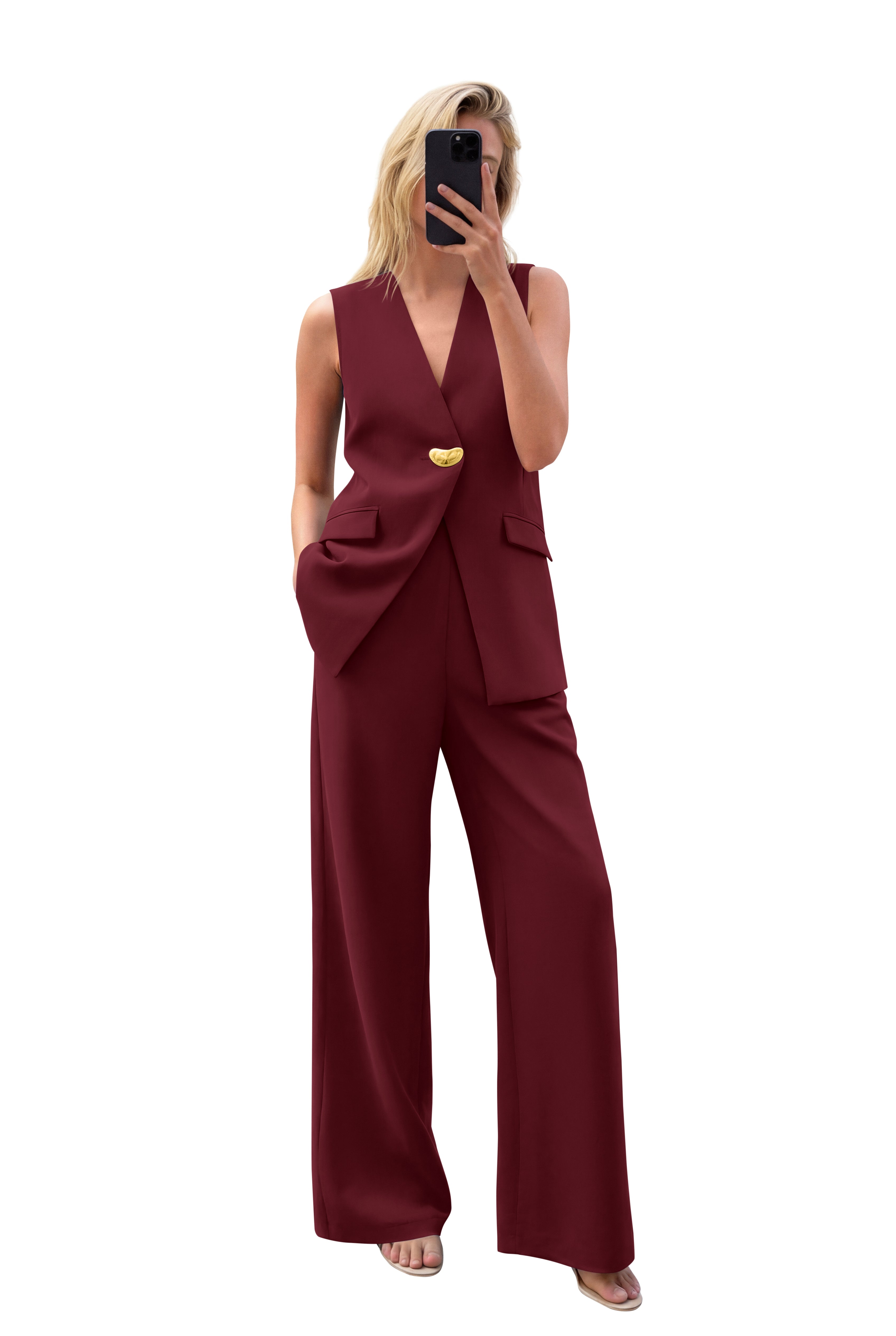 KIRUNDO Pant Suits for Women Dressy 2 Piece Sets Sleeveless Blazer Vest Wide Leg Matching Pantsuit Business Casual Outfits
