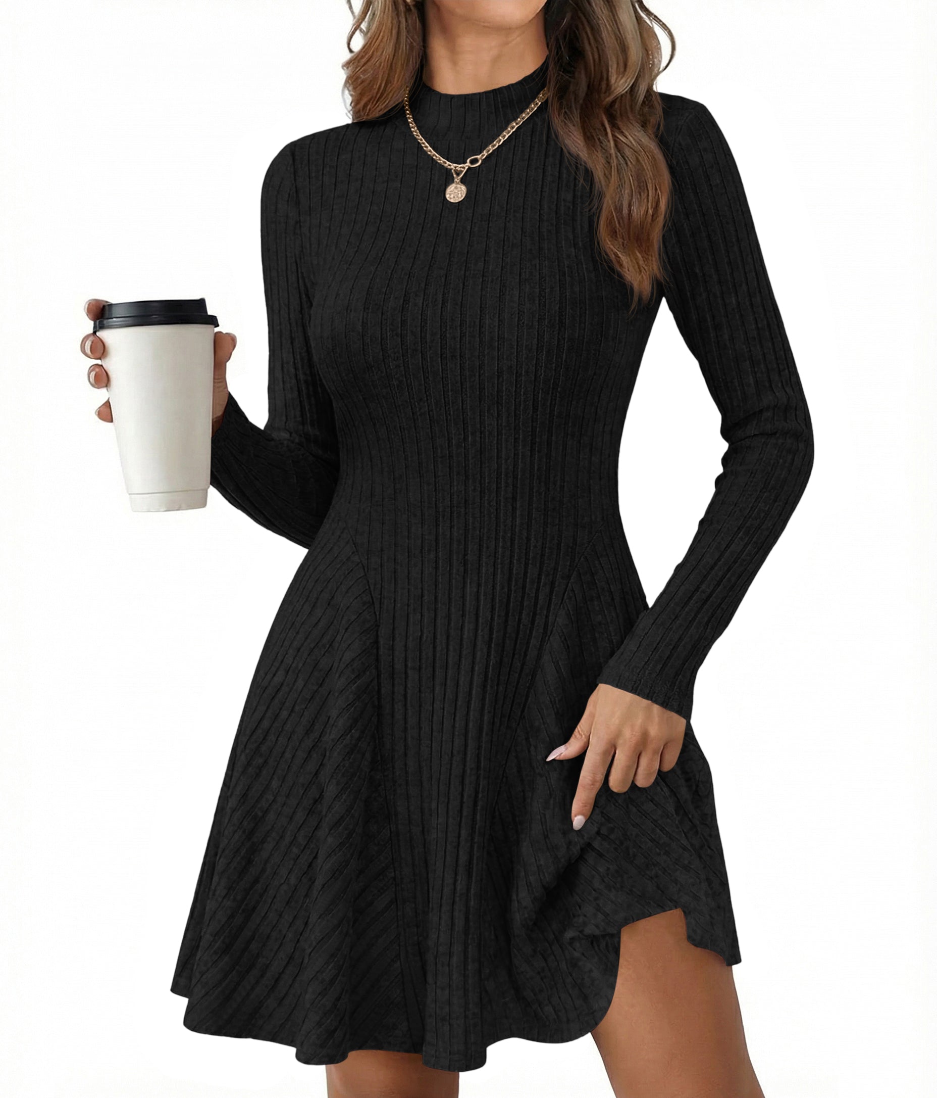 KIRUNDO Women Sweater Dress 2026 Spring Fall Lightweight Long Sleeve Mock Neck A Line Fit and Flare Ribbed Knit Short Dresses