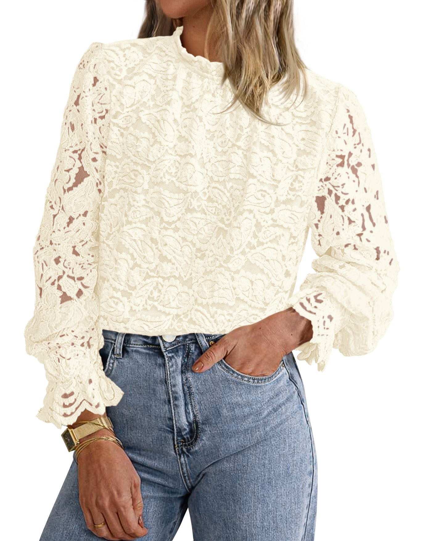 KIRUNDO Blouses for Women Dressy Casual Lace Long Sleeve Tops Mock Neck Ruffle Hem Shirts Fall Fashion Clothes