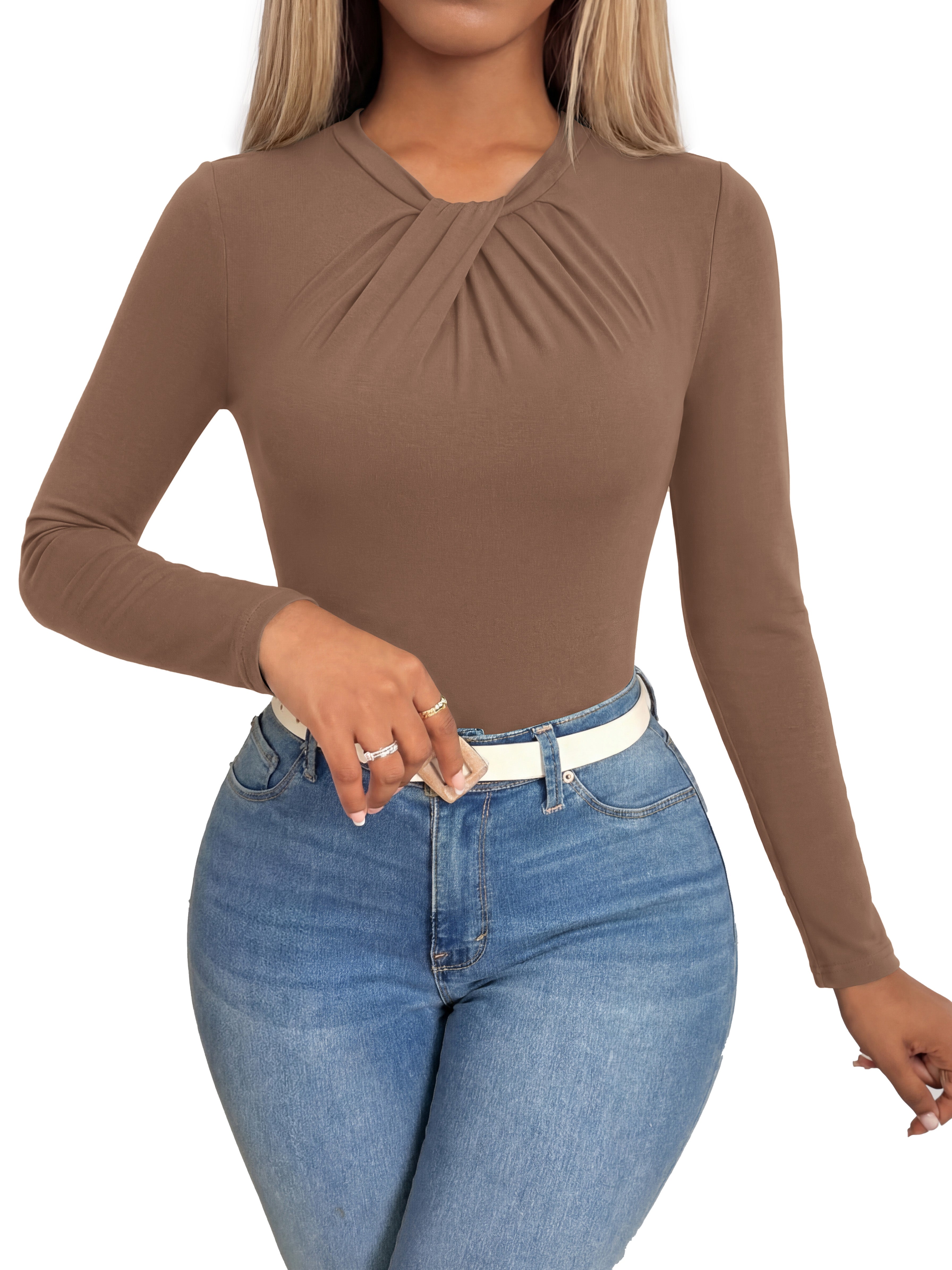 KIRUNDO Long Sleeve Tops for Women Business Casual Outfits Slim Fitted Knit Twist Knot Work Office Shirt Blouse Going Out Top