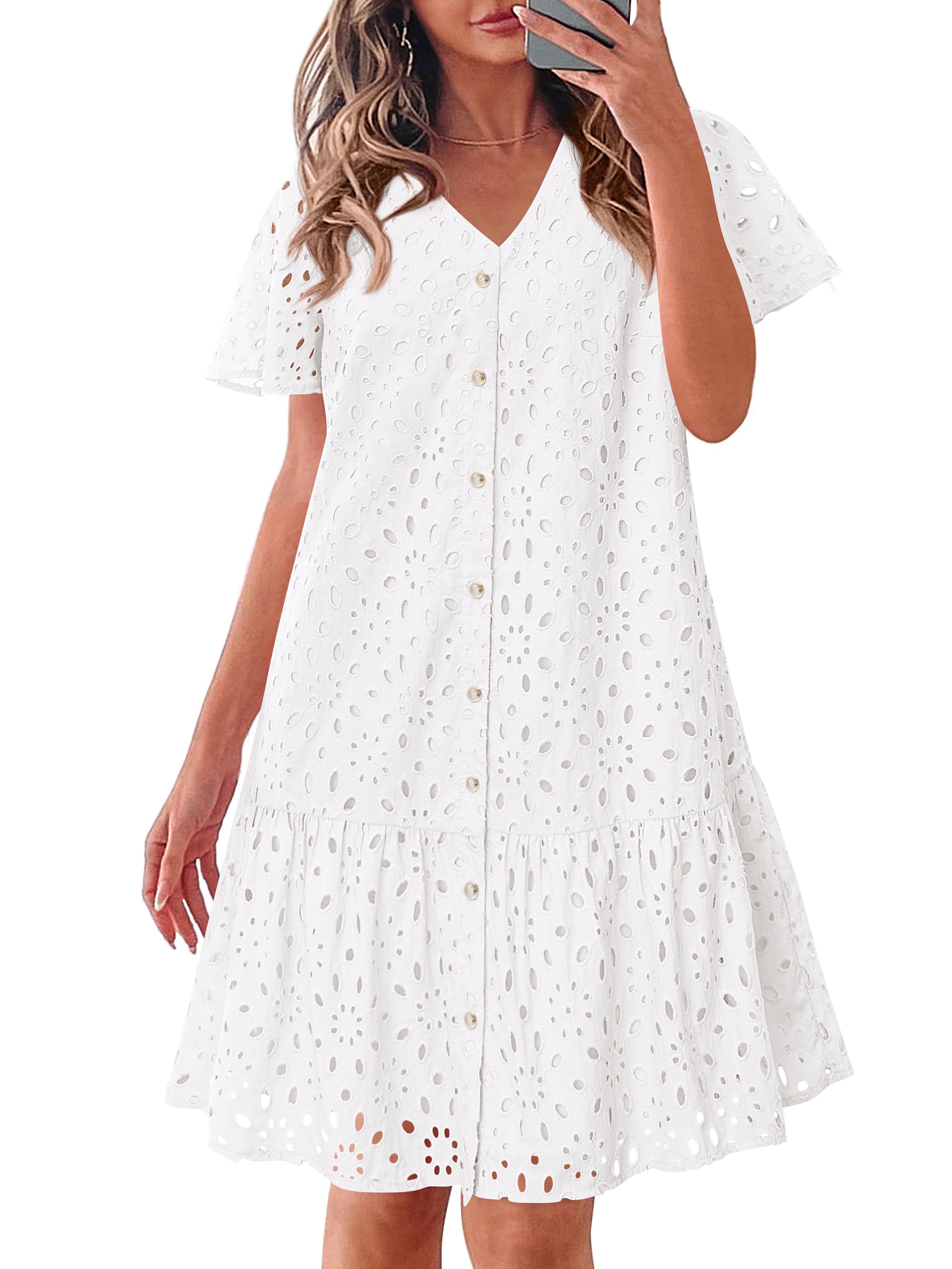 KIRUNDO Eyelet Dresses for Women 2026 Spring Summer Short Sleeve Button Down Loose Mini Babydoll Dress Beach Vacation Clothes