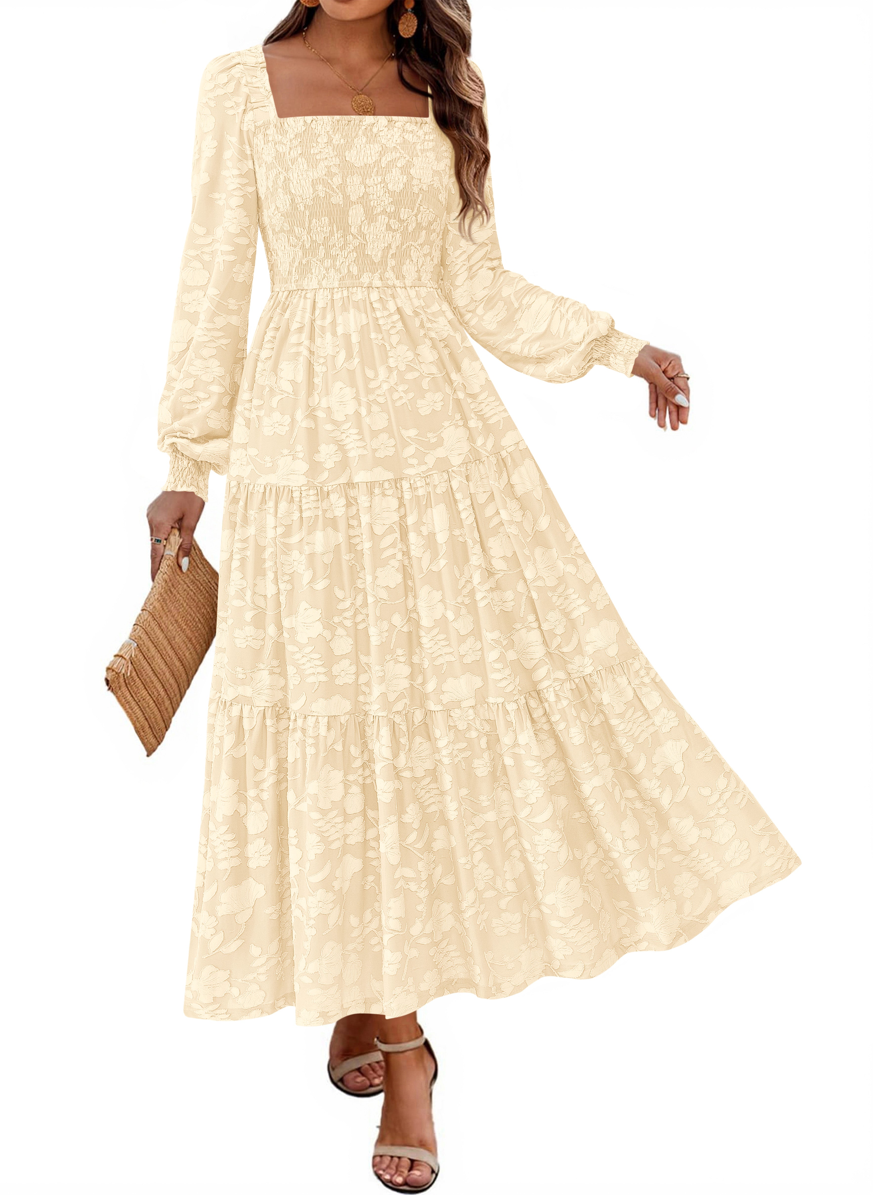 KIRUNDO Wedding Guest Dresses for Women Long Sleeve Smocked Floral Flowy A Line Boho Maxi Dress Fall Clothes