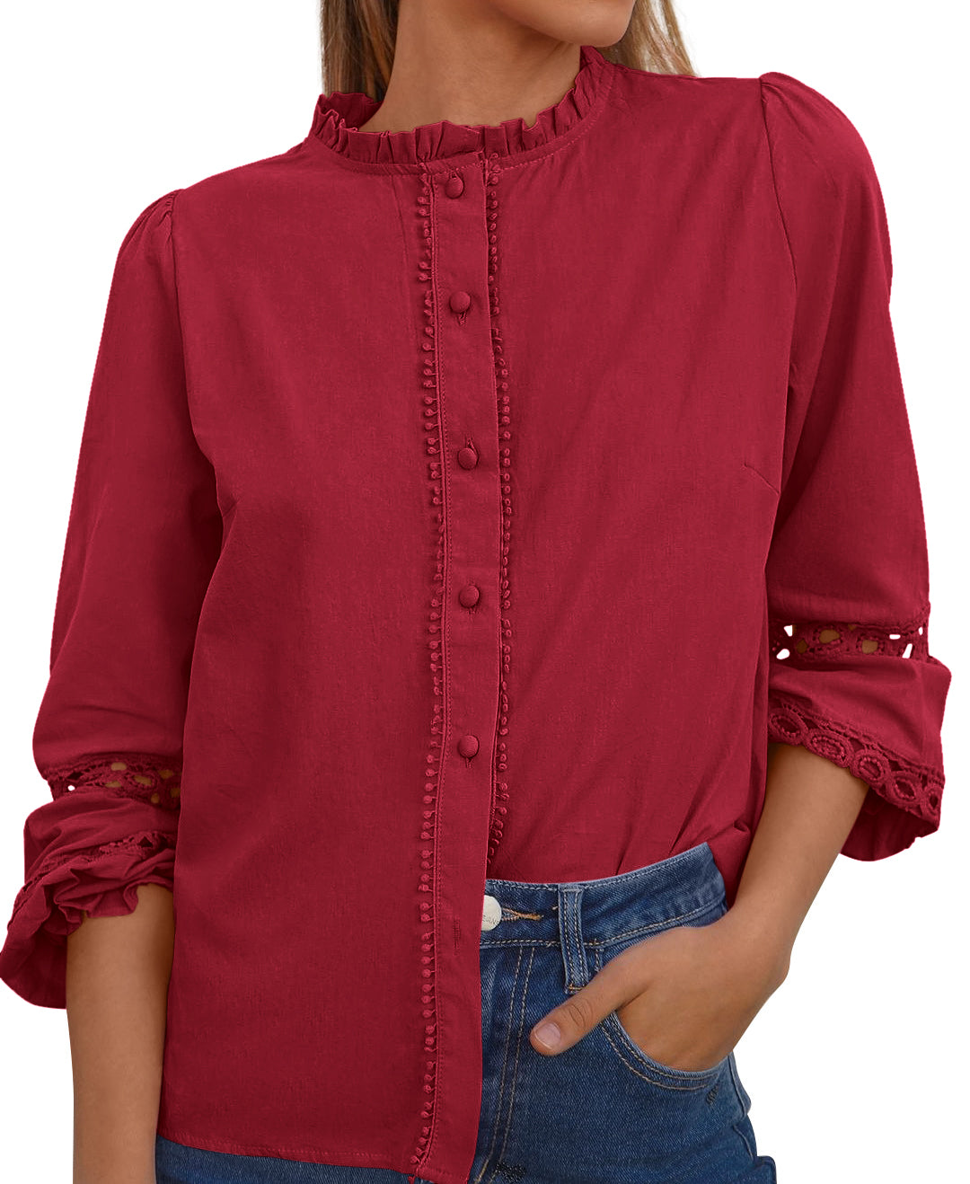 KIRUNDO Going Out Tops for Women Boho Cotton Eyelet Long Sleeve Button Up Shirt 2025 Fall Fashion Lace Dressy Casual Blouses