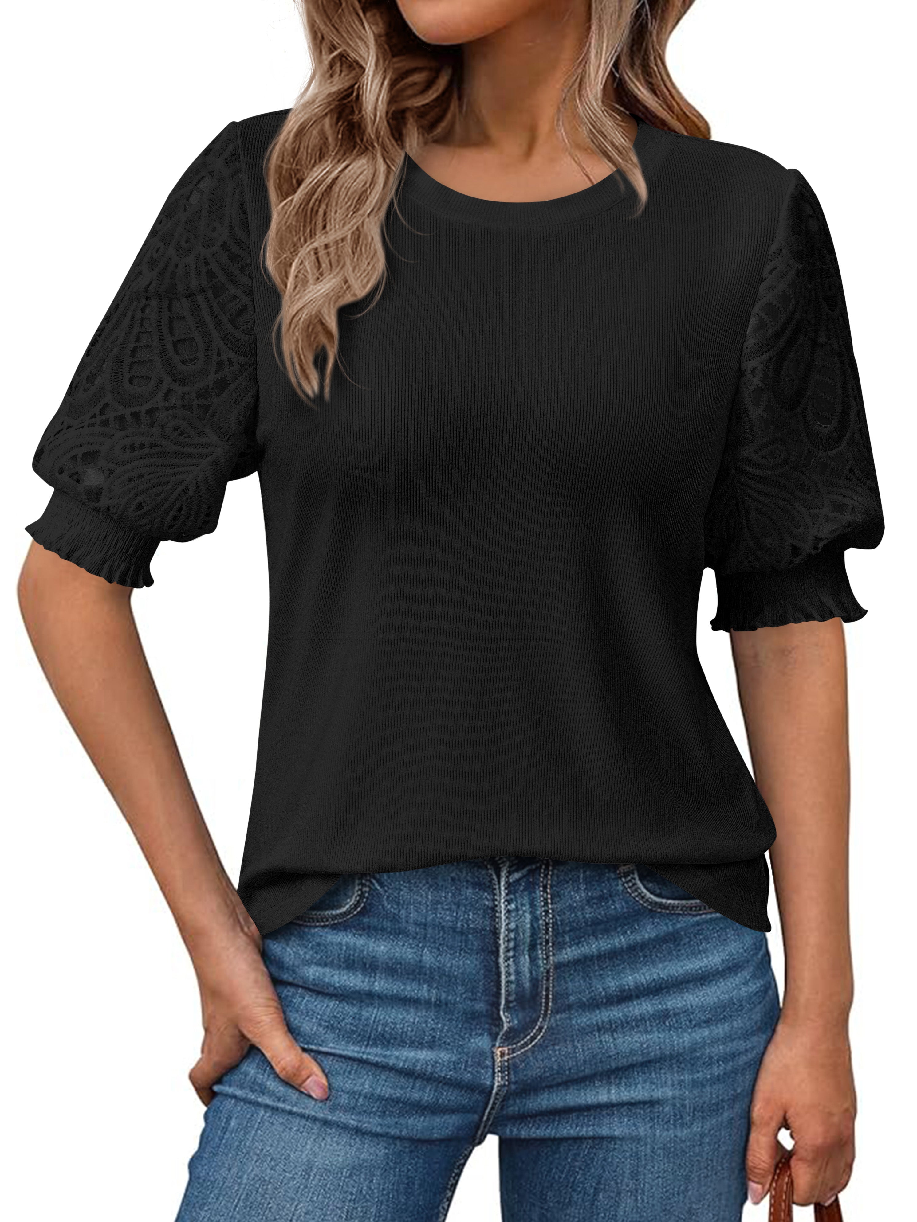 KIRUNDO Summer Women Blouses 2026 Casual Crewneck Going Out Tops Dressy Lace Hollow Out Short Sleeve T Shirts Work Office