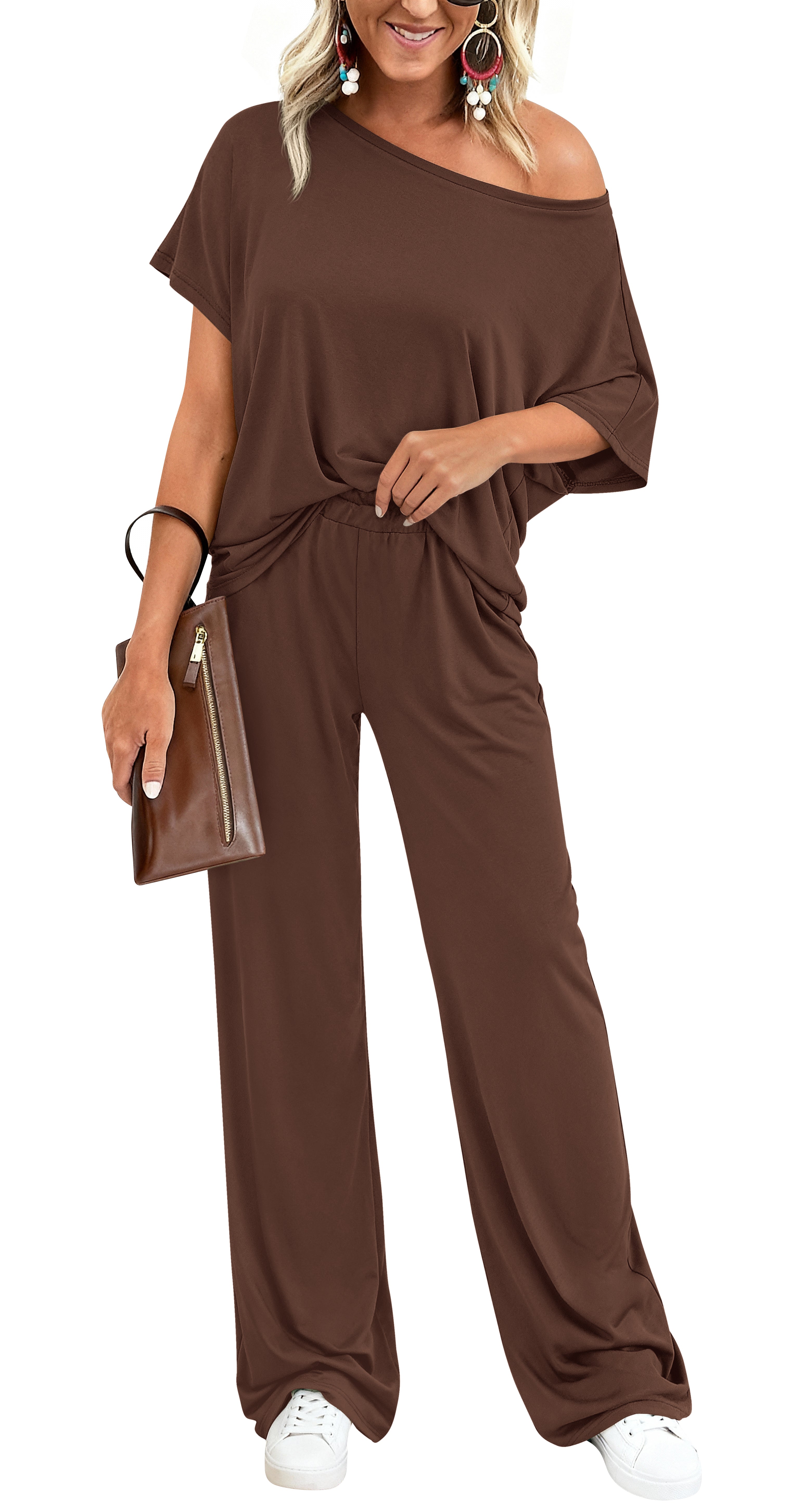 KIRUNDO 2 Piece Lounge Sets for Women Airport Travel Vacation Outfits 2026 Summer Off Shoulder Tops Matching Wide Leg Pants