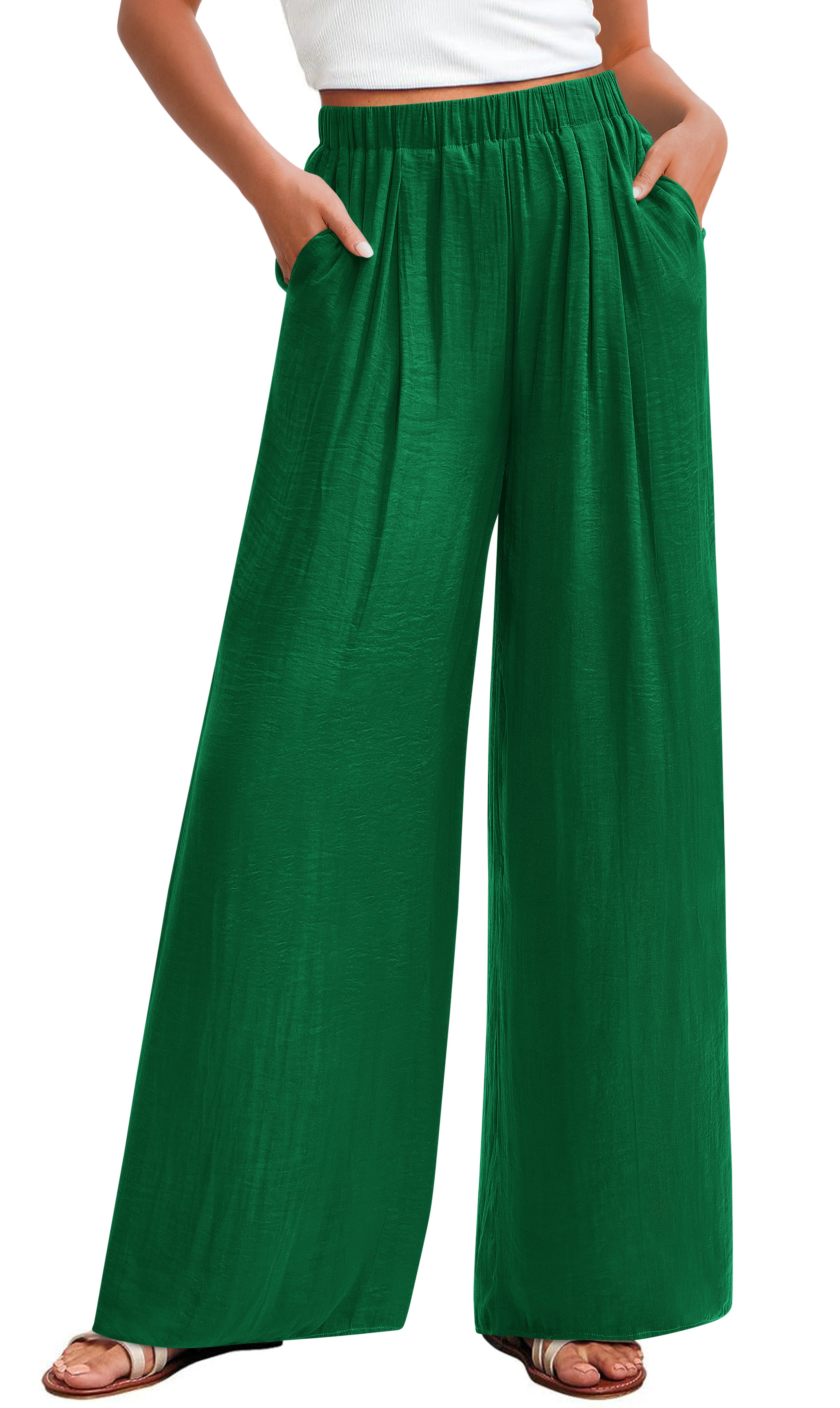 KIRUNDO Wide Leg Pants for Women Summer Flowy Elastic Waist Palazzo Pants Lounge Trousers with Pockets Beach Vacation Outfits