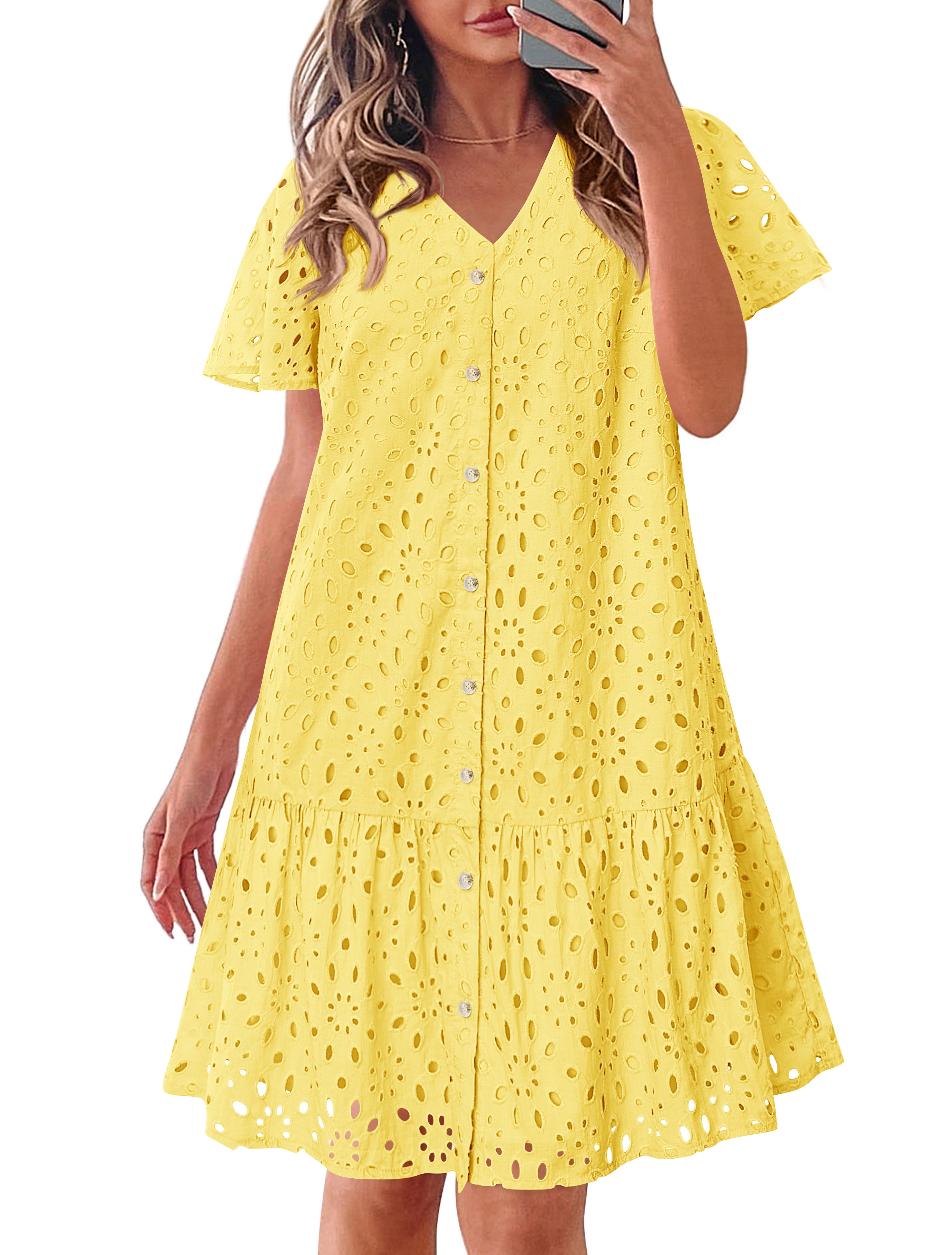 KIRUNDO Eyelet Dresses for Women 2026 Spring Summer Short Sleeve Button Down Loose Mini Babydoll Dress Beach Vacation Clothes