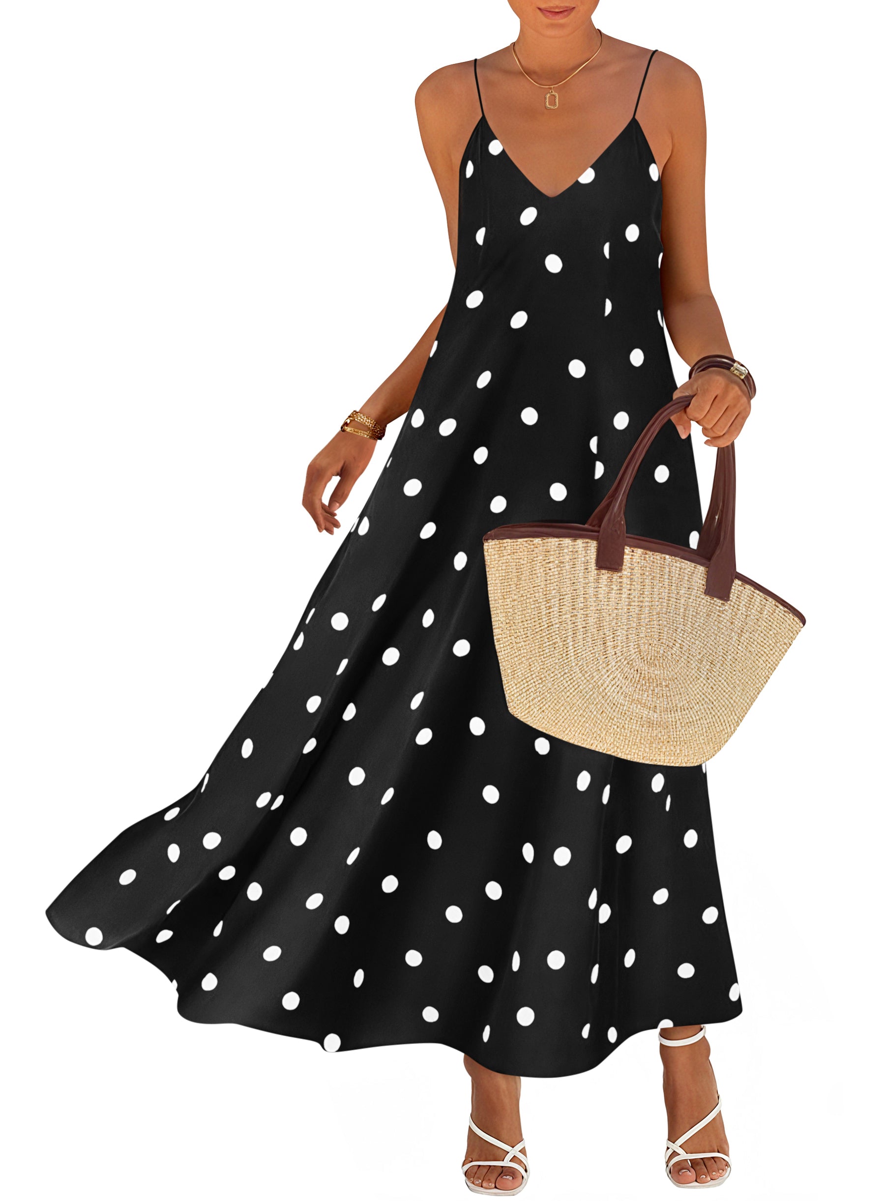 KIRUNDO Boho Maxi Dress for Women Summer Spaghetti Strap V Neck Polka Dot Flowy Long Beach Vacation Sundress with Pockets
