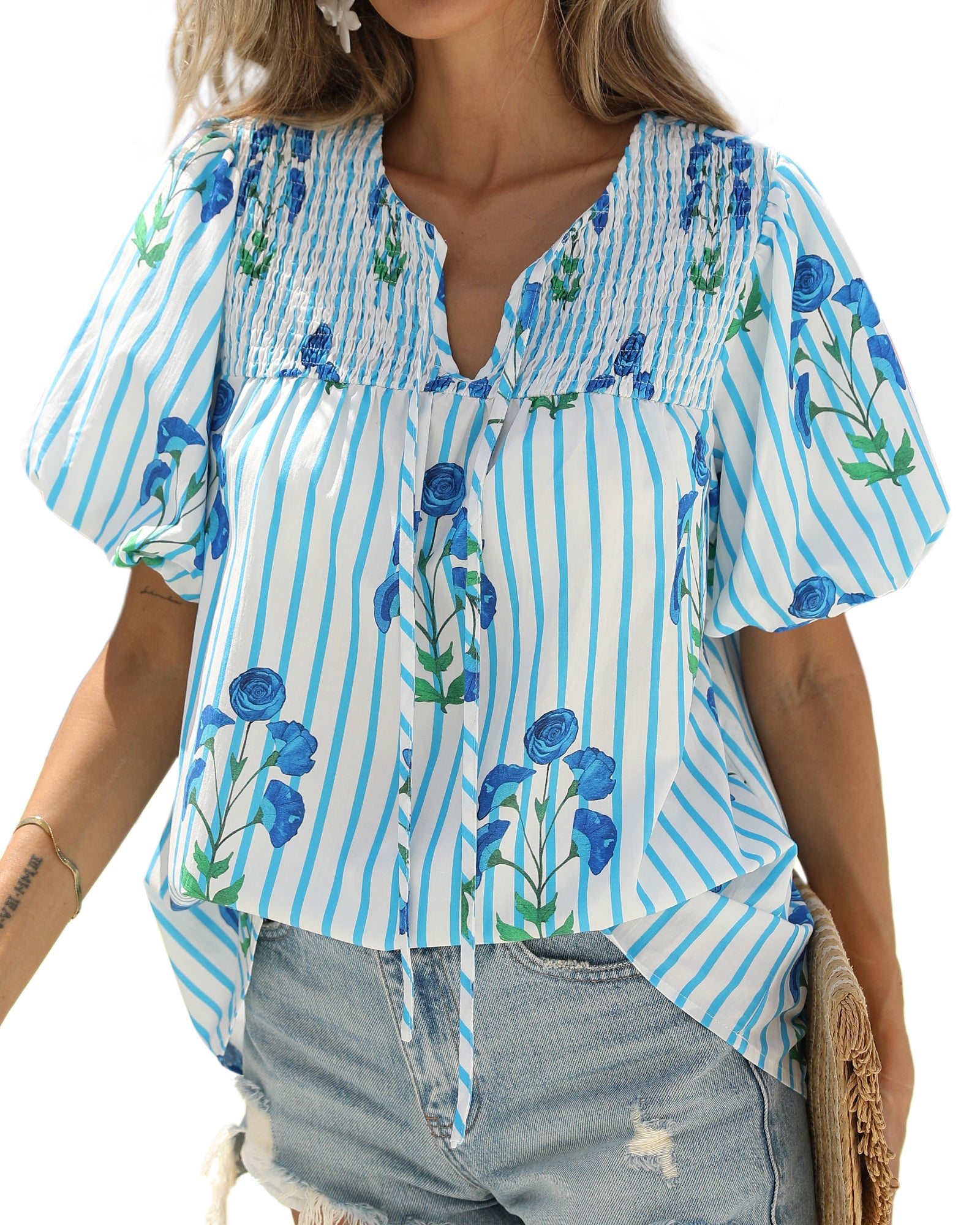 KIRUNDO Boho Tops for Women 2026 Summer Dressy Floral Blouse V Neck Drawstring Short Sleeve Shirts Beach Vacation Clothes