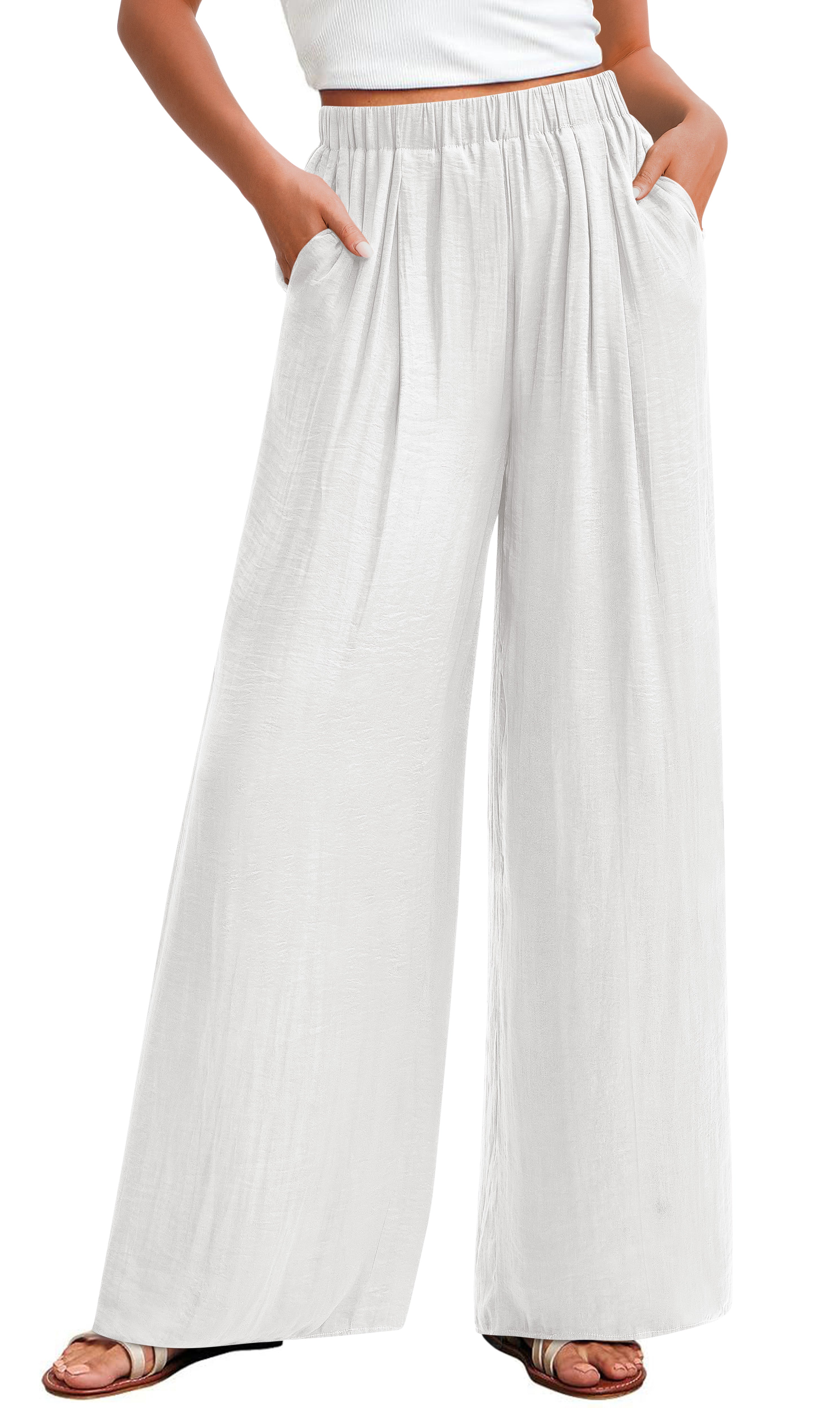 KIRUNDO Wide Leg Pants for Women Summer Flowy Elastic Waist Palazzo Pants Lounge Trousers with Pockets Beach Vacation Outfits
